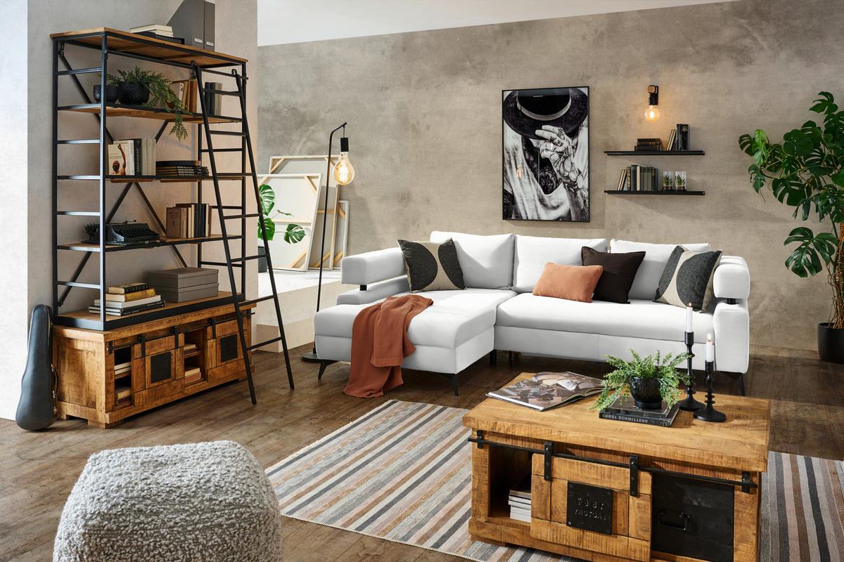 ECKSOFA in Chenille Weiss  - Weiss/Schwarz, Konventionell, Textil/Metall (184/265cm) - Hom`in