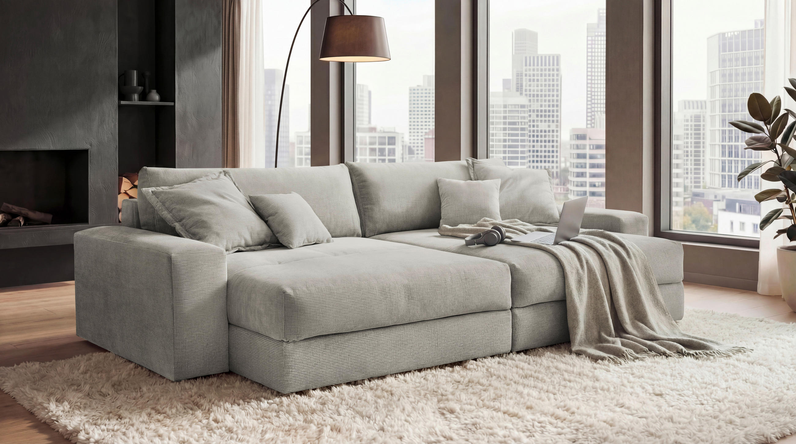 BIGSOFA KAMIL Cord Beige  - Beige/Schwarz, MODERN, Kunststoff/Textil (300/70/180cm) - Livetastic