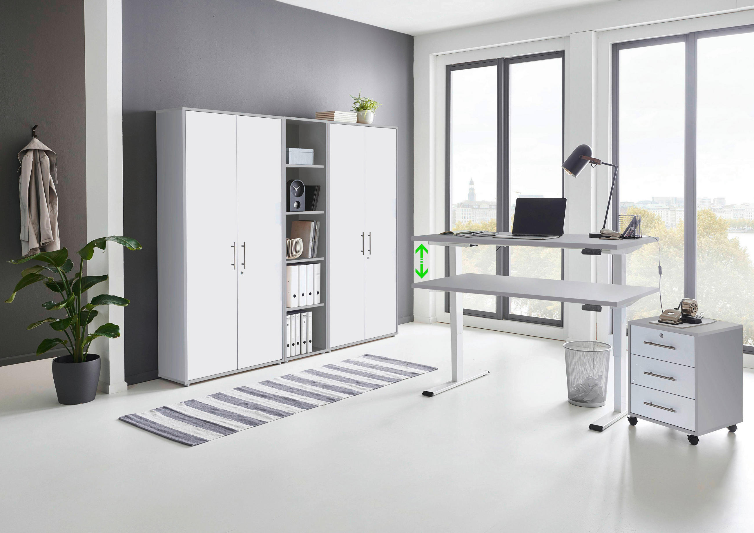 BÜRO erweiterbar, abschließbar Grau, Weiß - Weiß/Grau, MODERN, Holzwerkstoff/Metall - MID.YOU