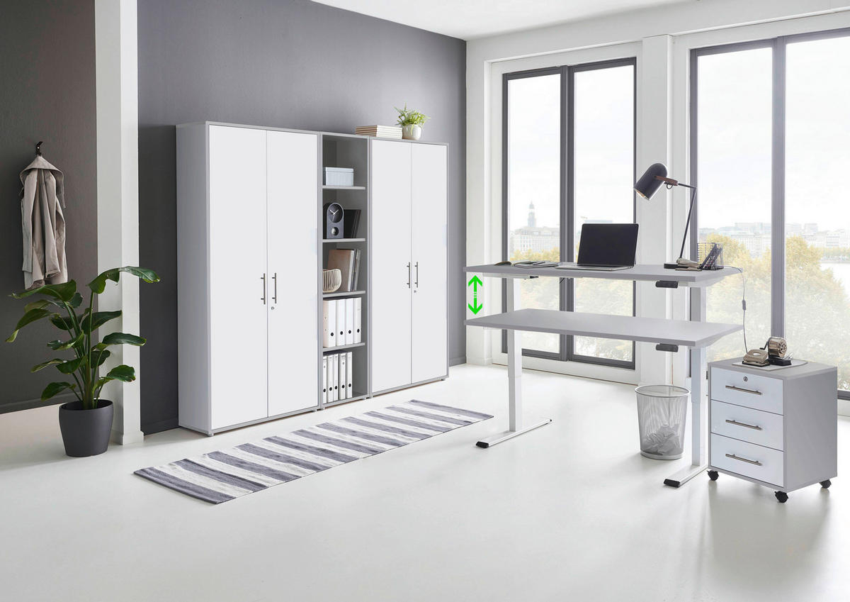 BÜRO erweiterbar, abschließbar Grau, Weiß - Weiß/Grau, MODERN, Holzwerkstoff/Metall - MID.YOU