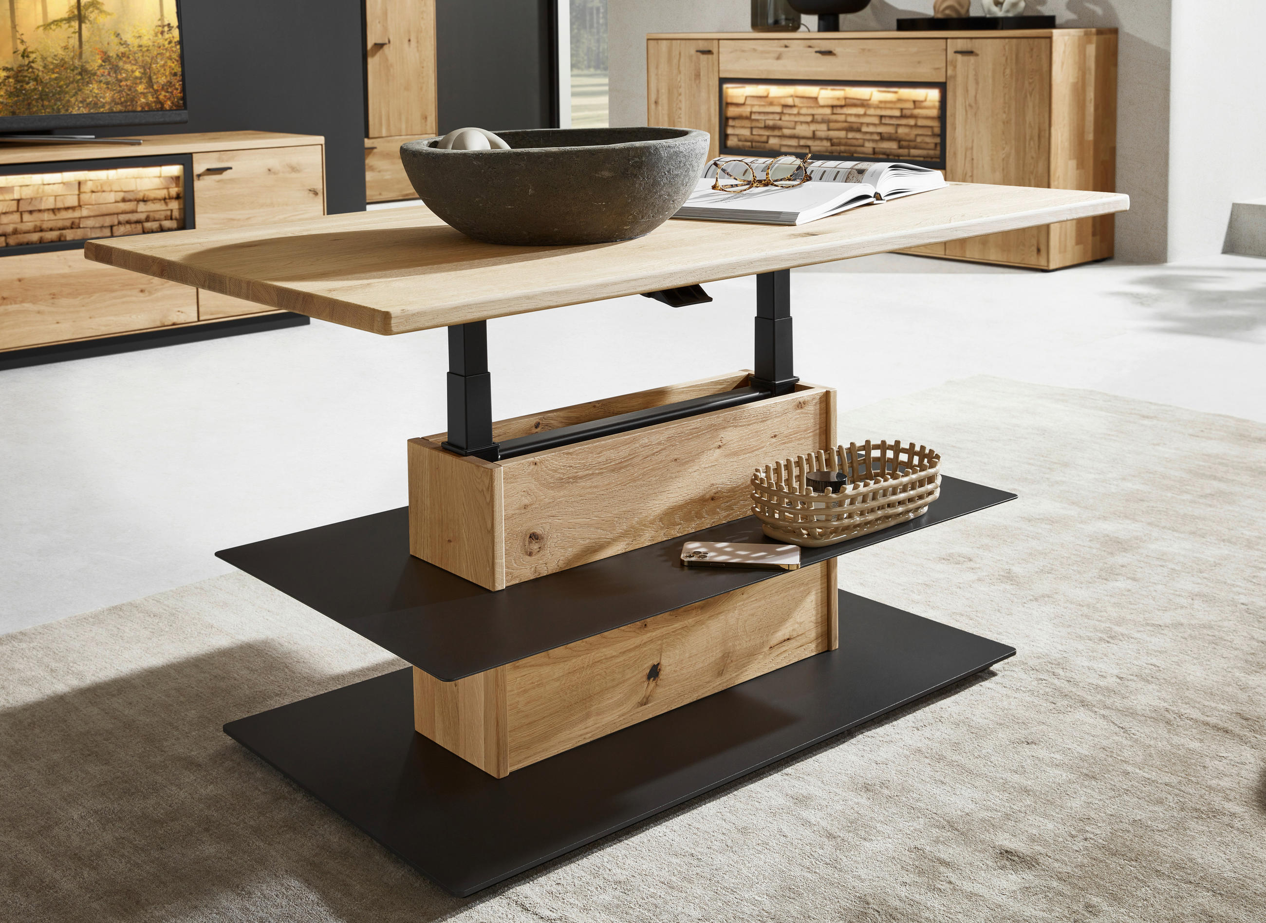 COUCHTISCH in Holz, Metall 120/70/47,6-66,9 cm  - Wildeiche/Schwarz, Natur, Holz/Metall (120/70/47,6-66,9cm) - Valnatura