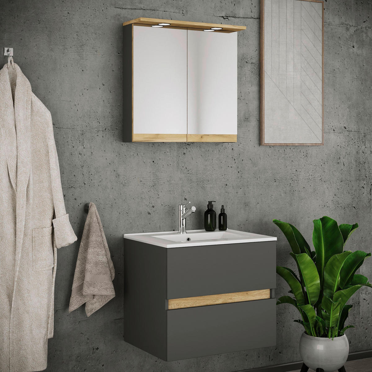 BADEZIMMER 3-teilig 61 cm  - Honigeiche/Weiss, Trend, Keramik/Holzwerkstoff (61cm) - MID.YOU
