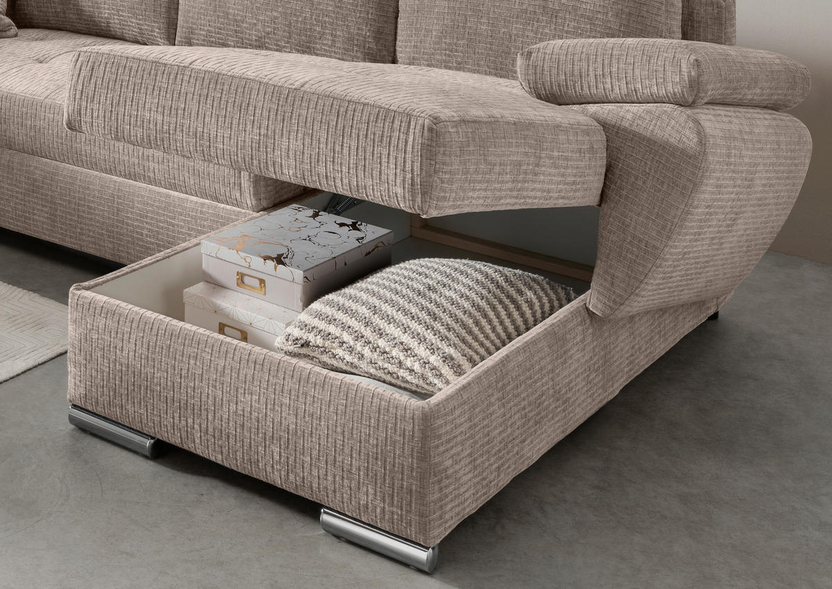 Wohnlandschaft Beige Mikrofaser  - Chromfarben/Beige, KONVENTIONELL, Textil (219/305/157cm) - Livetastic