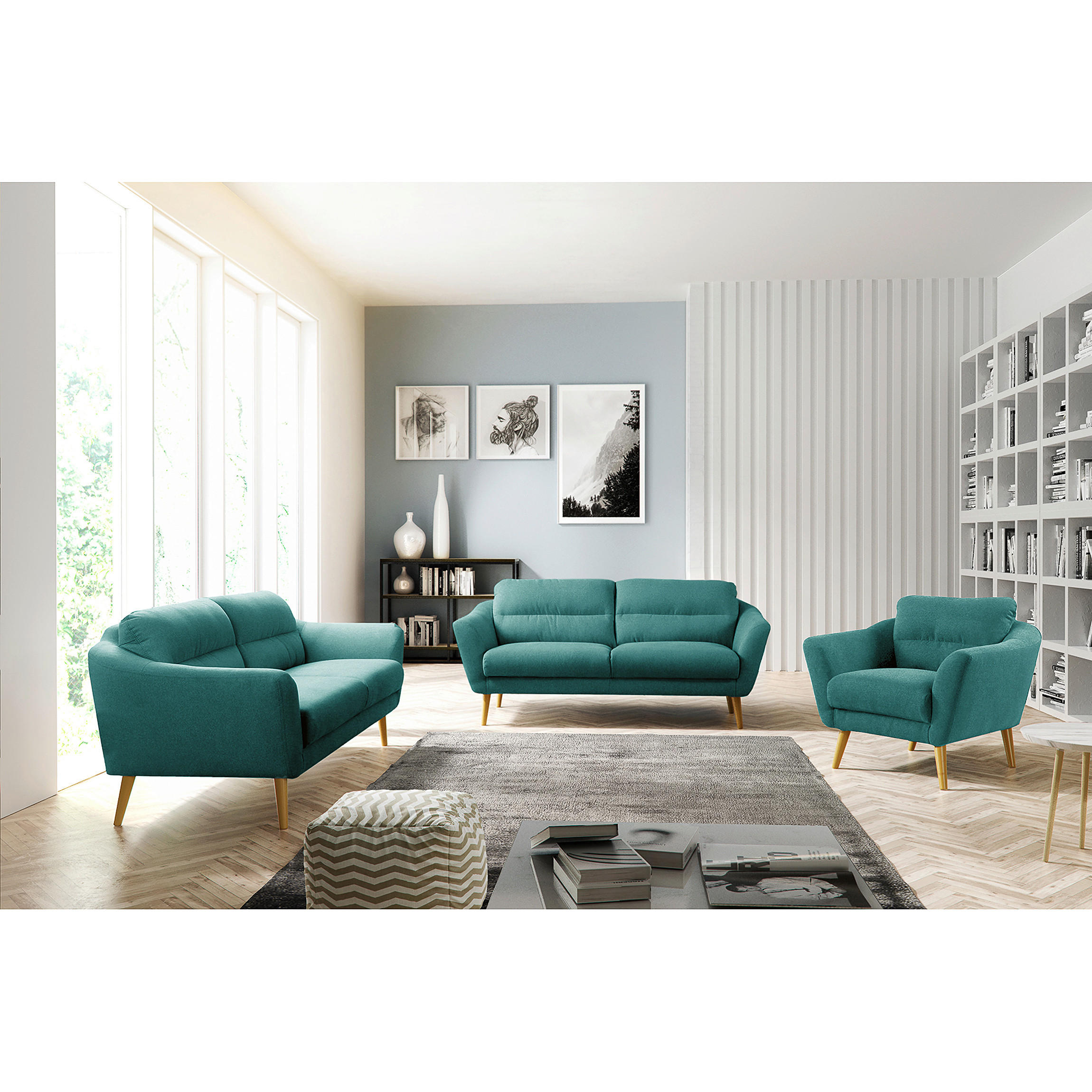 SESSEL in Webstoff Türkis  - Türkis/Buchefarben, Design, Holz/Textil (92/87/88cm) - Livetastic