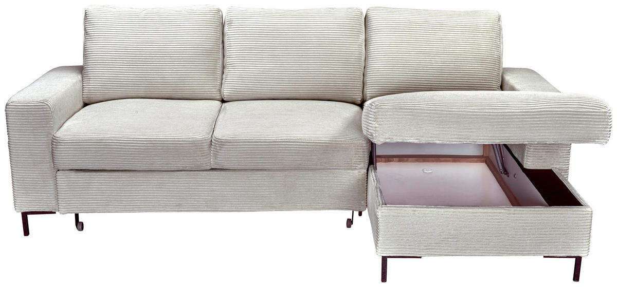 ECKSOFA Naturfarben Cord Rückenkissen, Bettkasten, Schlaffunktion, Rücken echt, Liegefläche im Originalstoff  - Schwarz/Naturfarben, KONVENTIONELL, Textil/Metall (240/150cm) - Carryhome