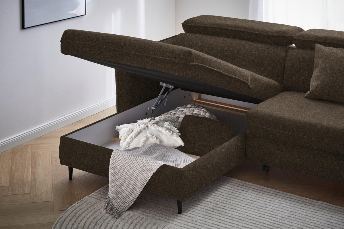 ECKSOFA inkl. Funktionen Dunkelbraun Samt  - Dunkelbraun/Schwarz, Design, Holz/Textil (185/232cm) - Stylife