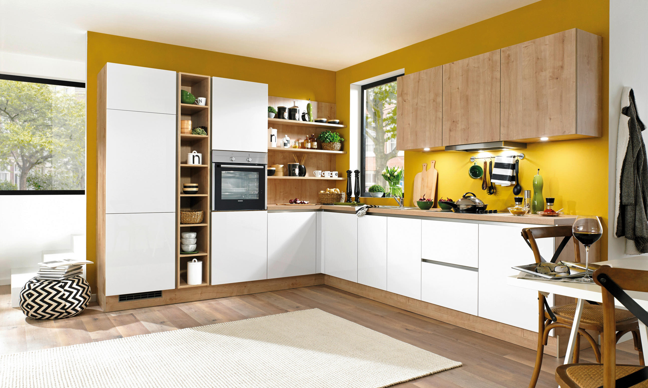 EINBAUKÜCHE  - Eichefarben/Weiß, Design, Holzwerkstoff - Moderano