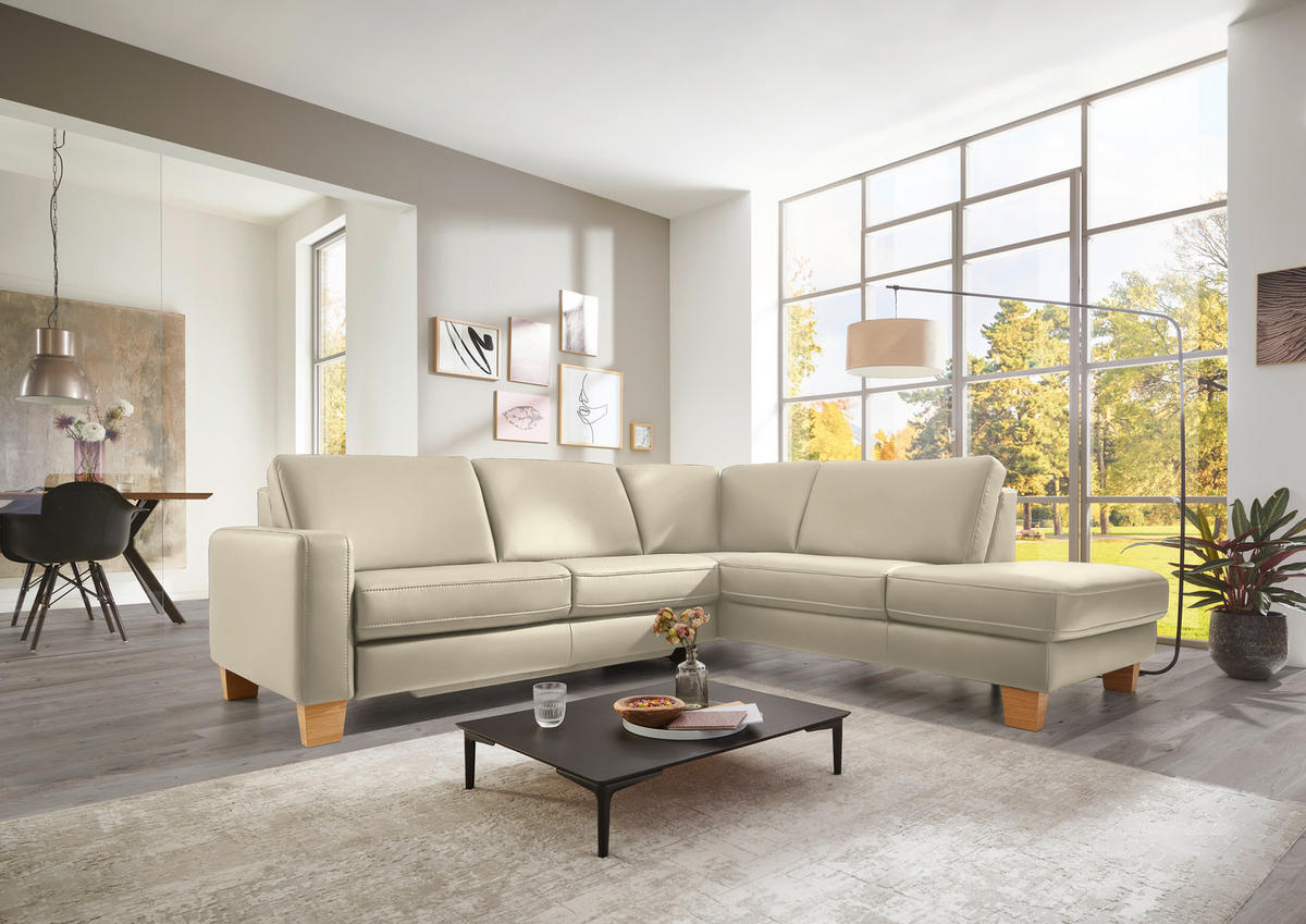 ECKSOFA in Echtleder Creme, Naturfarben  - Eiche Bianco/Creme, Natur, Leder/Holz (257/235cm) - Valdera