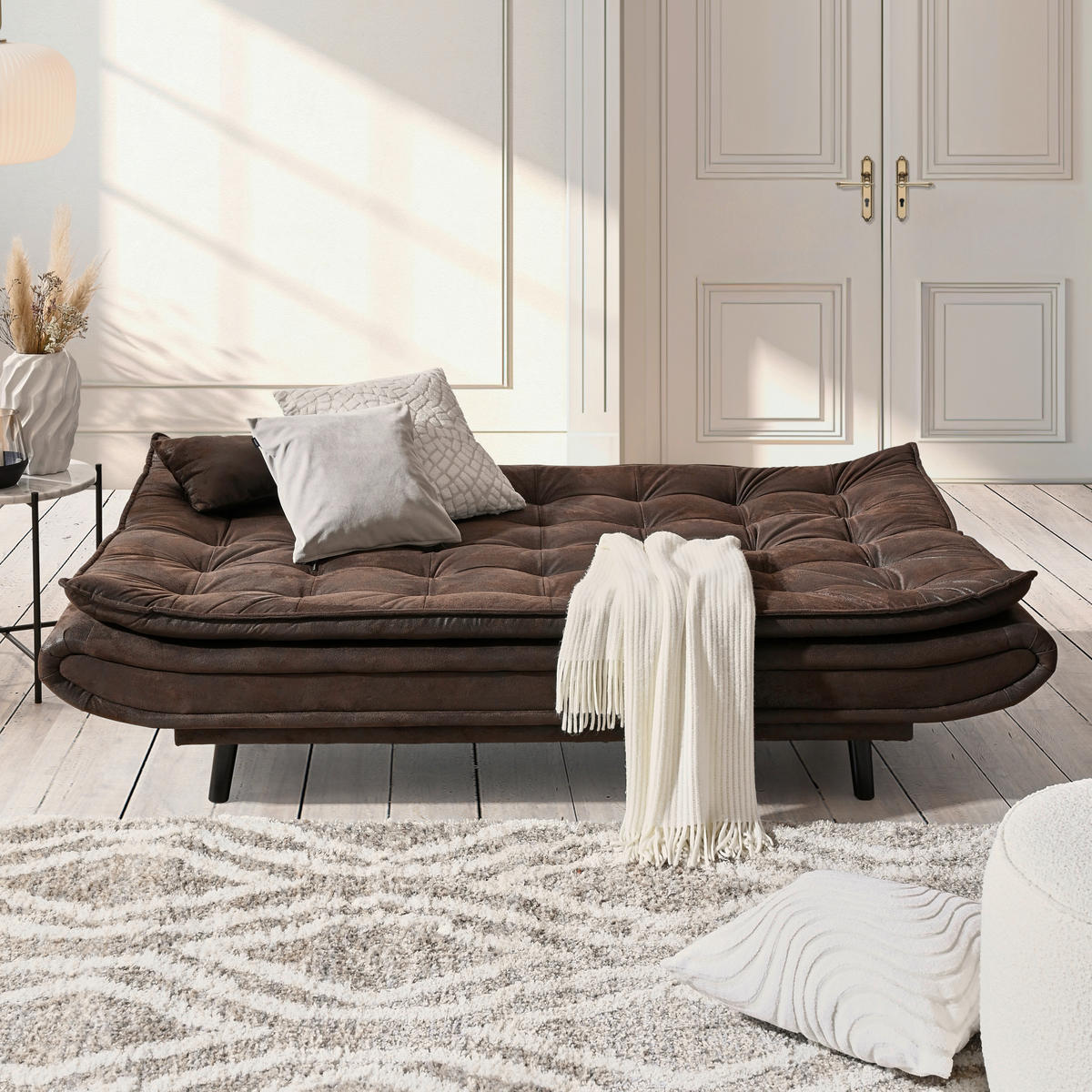 CANAPEA EXTENSIBILĂ textil maro închis  - maro închis/negru, Design, lemn/textil (194/100/90cm) - Ti'me