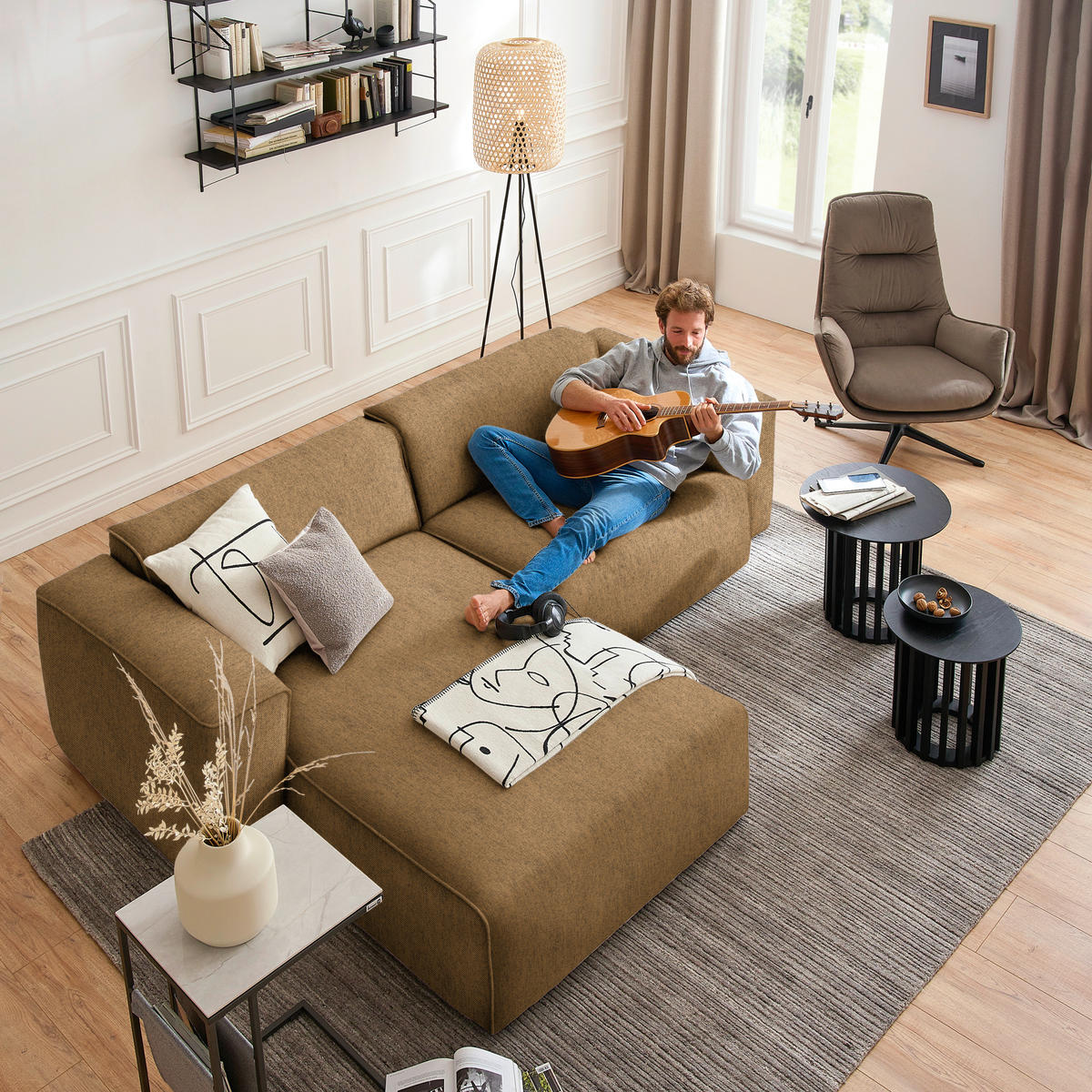 ECKSOFA in Webstoff Senfgelb  171/265 cm  - Senfgelb/Schwarz, Design, Kunststoff/Textil (171/265cm) - home24