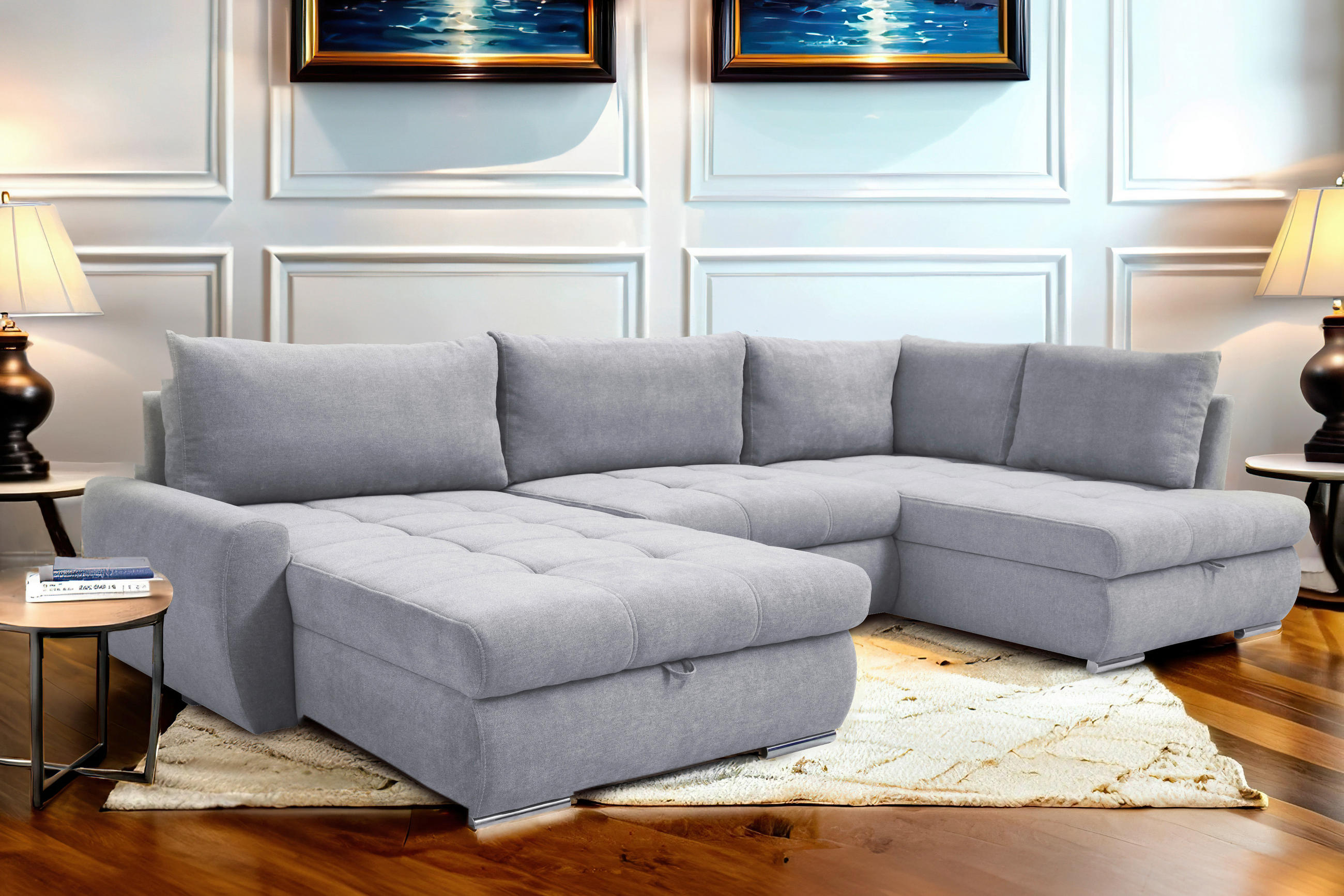 ECKSOFA Hellgrau Velours  - Chromfarben/Hellgrau, Design, Kunststoff/Textil (174/322/173cm) - Livetastic
