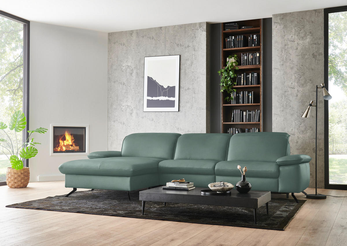 ECKSOFA  Echtleder Opal  - Opal/Schwarz, Design, Leder/Metall (169/307cm) - Beldomo Premium