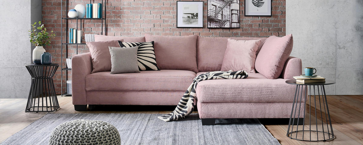 ECKSOFA Rosa Cord  - Schwarz/Rosa, KONVENTIONELL, Holz/Textil (267/181cm) - Carryhome