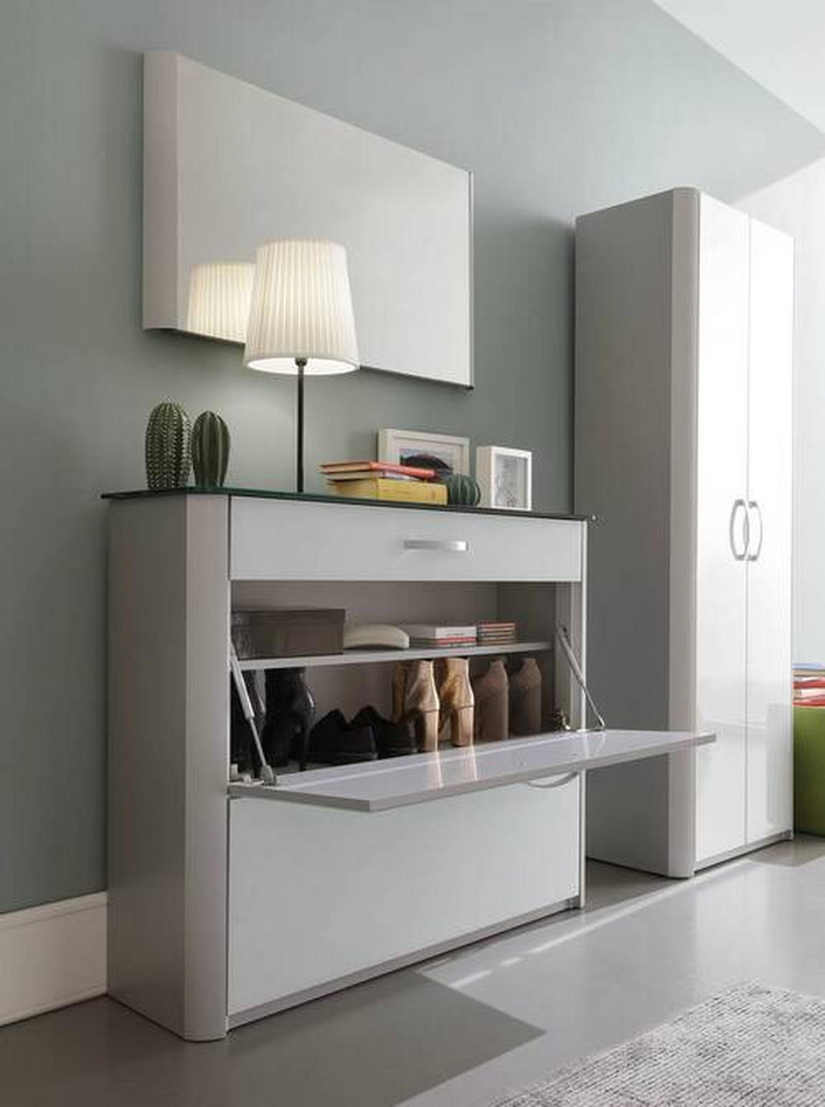 SCHUHSCHRANK Silberfarben, Alufarben, Weiß Hochglanz  - Chromfarben/Weiß Hochglanz, Design, Glas/Holzwerkstoff (117/97/35cm) - Moderano