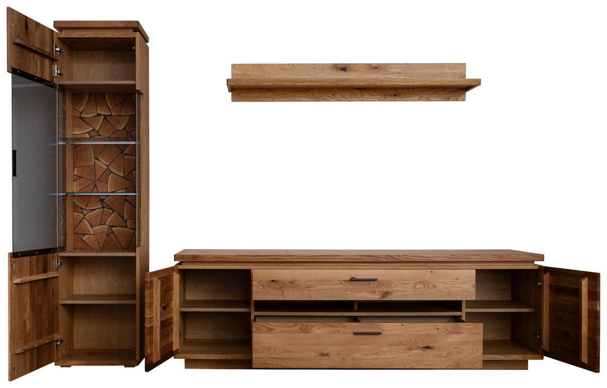 WOHNWAND 3-teilig  Eichefarben 275/204/50 cm  LED-Leuchtmittel   - Eichefarben/Schwarz, Natur, Glas/Holz (275/204/50cm) - Linea Natura