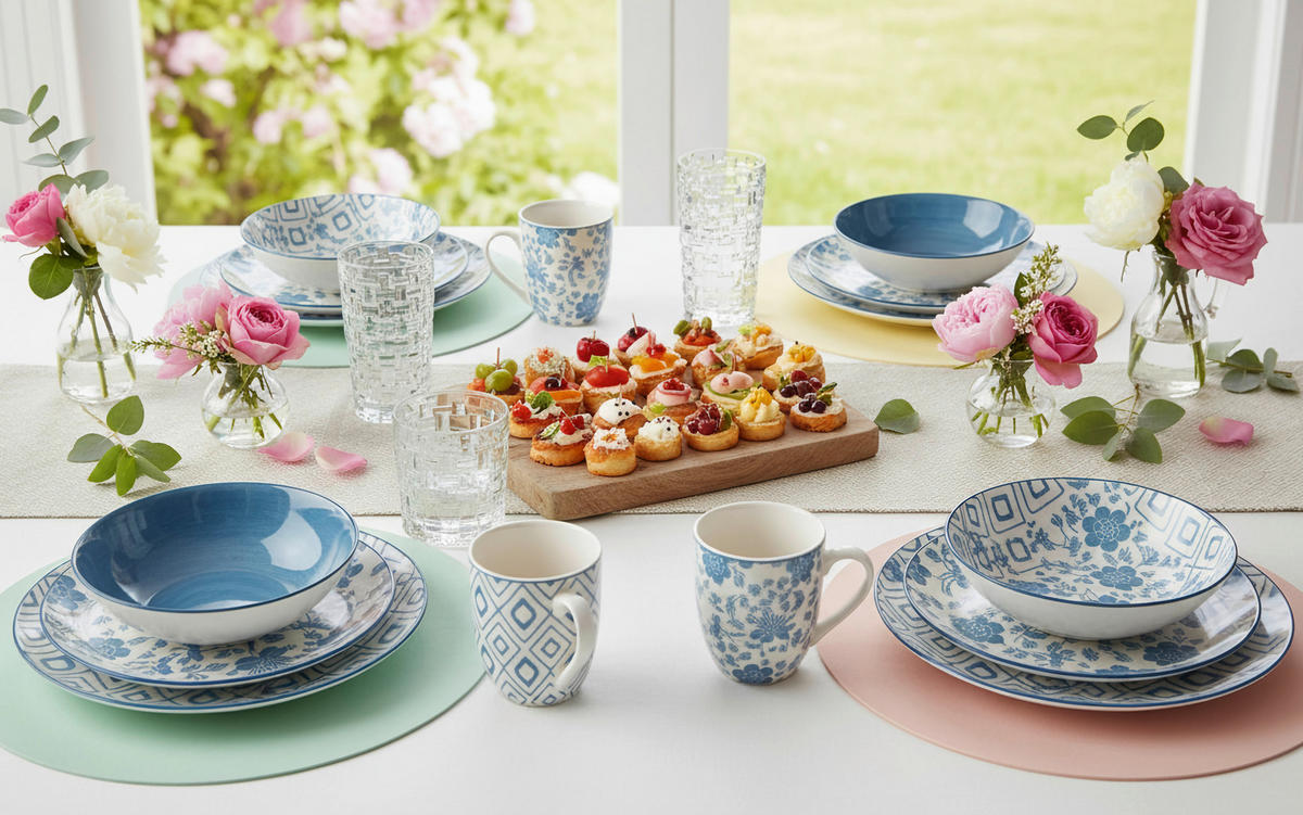 KOMPLETT SERVIS 30 delar  - vit/blå, Lifestyle, keramik - Novel