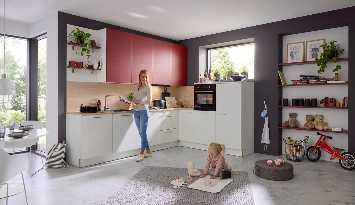 EINBAUKÜCHE FEEL  - Eichefarben/Rot, Design, Holzwerkstoff - Dieter Knoll
