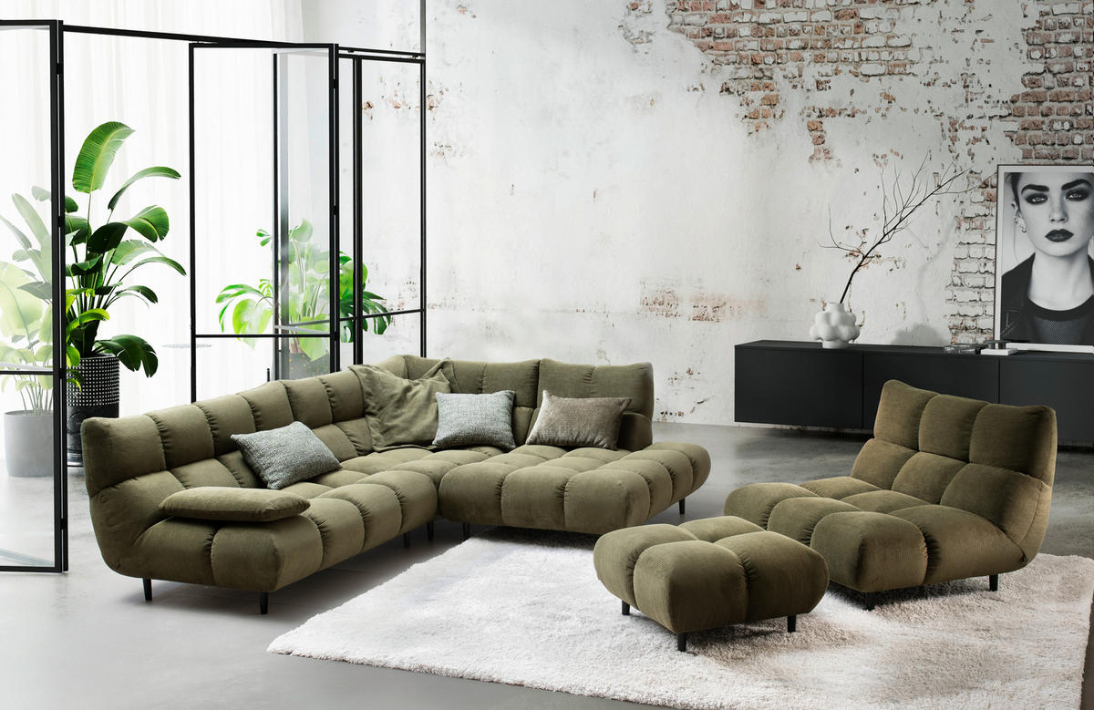ECKSOFA Feincord Schilfgrün  - Schilfgrün/Schwarz, Design, Holz/Textil (288/215cm) - Pure Home Lifestyle