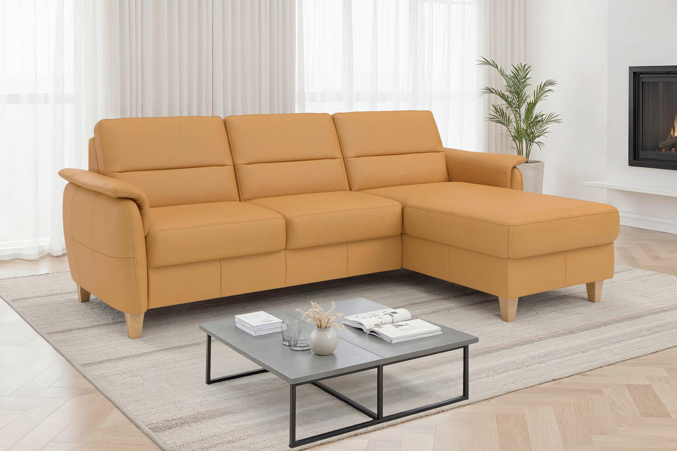 ECKSOFA PALMERA E in Echtleder Currygelb  244/163 cm  - Currygelb/Eichefarben, Basics, Leder/Holz (244/163cm) - Sit & More