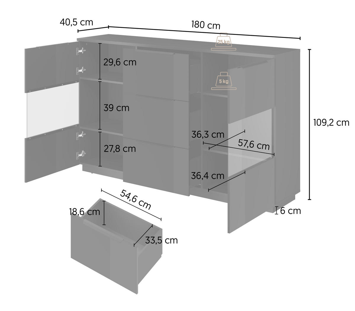 HIGHBOARD Tuluza 180/109,2/40,5 cm 3 Schublade(n)  - Schwarz Hochglanz/Schwarz, Design, Glas/Holzwerkstoff (180/109,2/40,5cm) - MID.YOU