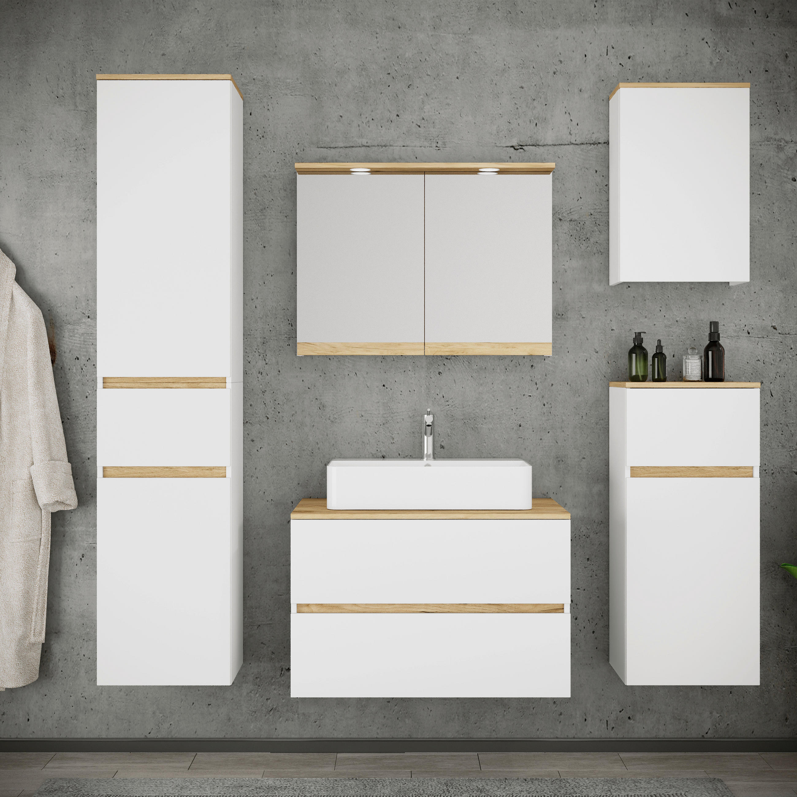 BADEZIMMER 6-teilig  in 160 cm  - Honigeiche/Weiß, Trend, Keramik/Holzwerkstoff (160cm) - MID.YOU