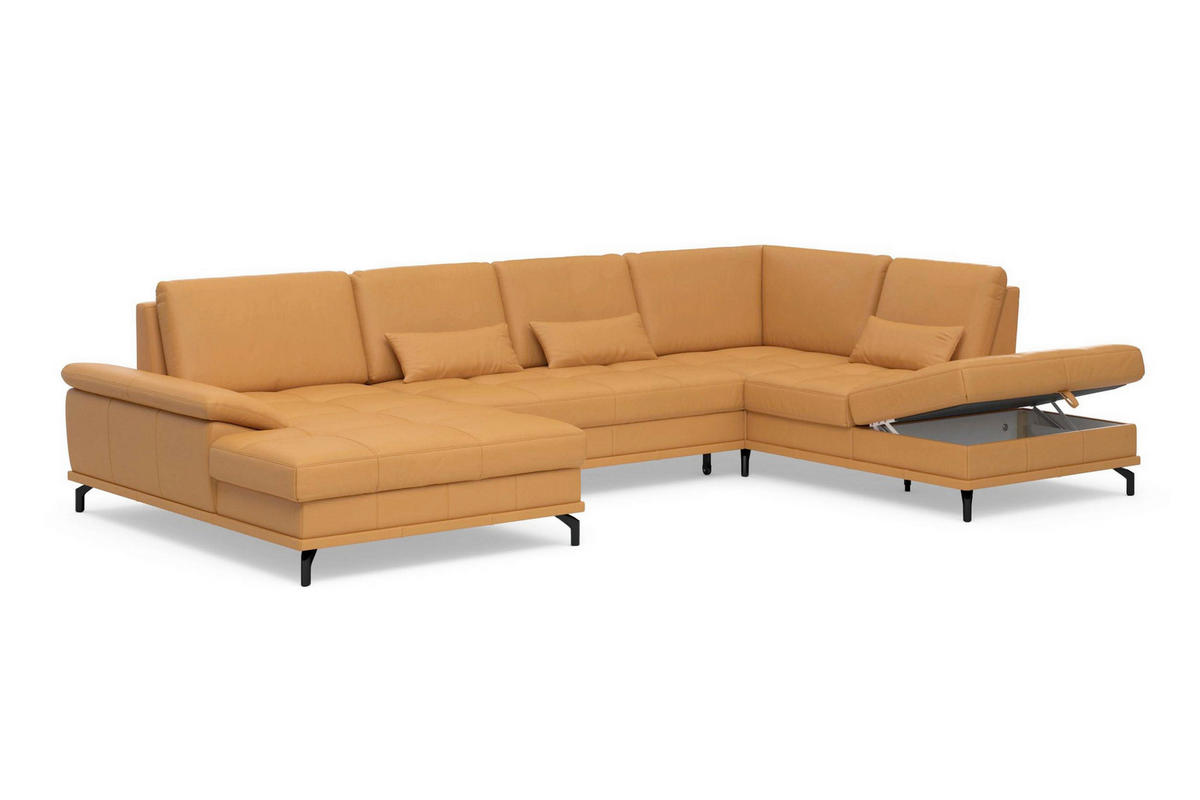 WOHNLANDSCHAFT COSTELLO E Currygelb Kombination Echtleder/Stoff Mikrofaser  - Currygelb/Schwarz, Basics, Leder/Textil (176/363/223cm) - Sit & More
