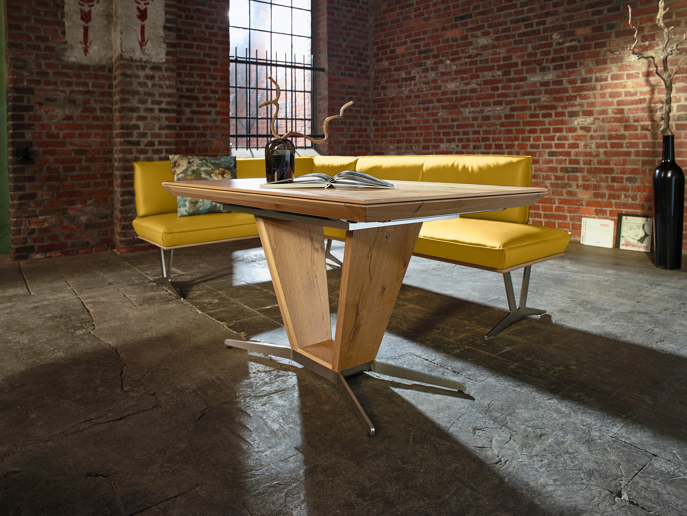 ECKBANK 152/197 cm  in Gelb  - Edelstahlfarben/Gelb, Design, Leder/Holz (152/197cm) - Ambiente