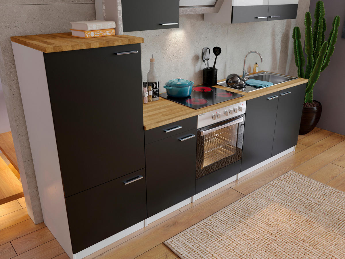 KÜCHENBLOCK 270 cm   in Schwarz  - Edelstahlfarben/Nussbaumfarben, Basics, Holzwerkstoff/Metall (270cm) - Respekta