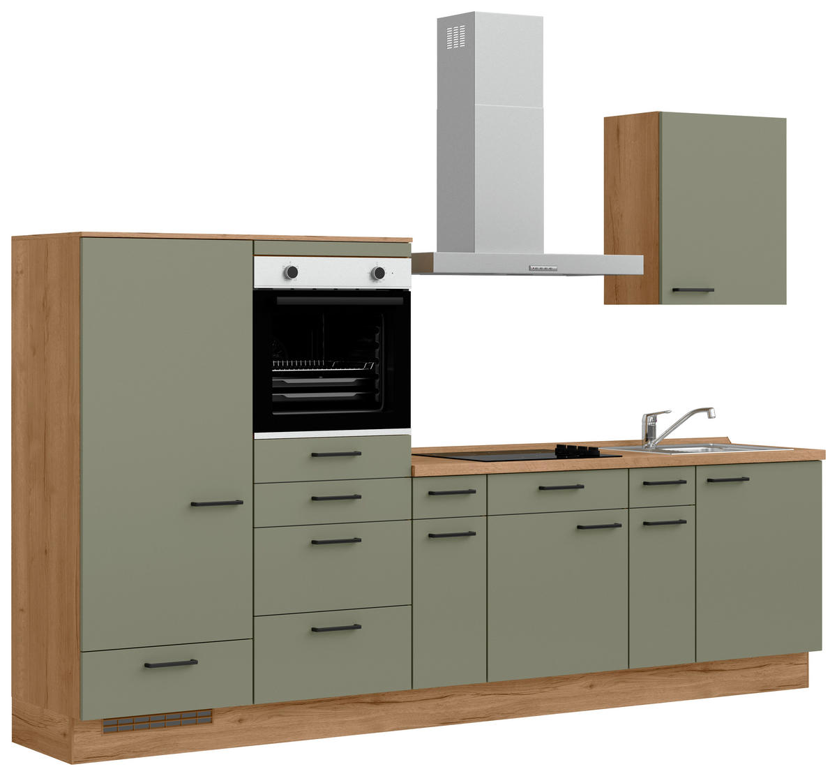 KÜCHENBLOCK Senso 300 cm  in Eichefarben, Olivgrün  - Eichefarben/Schwarz, MODERN, Holzwerkstoff/Metall (300cm) - Nobilia