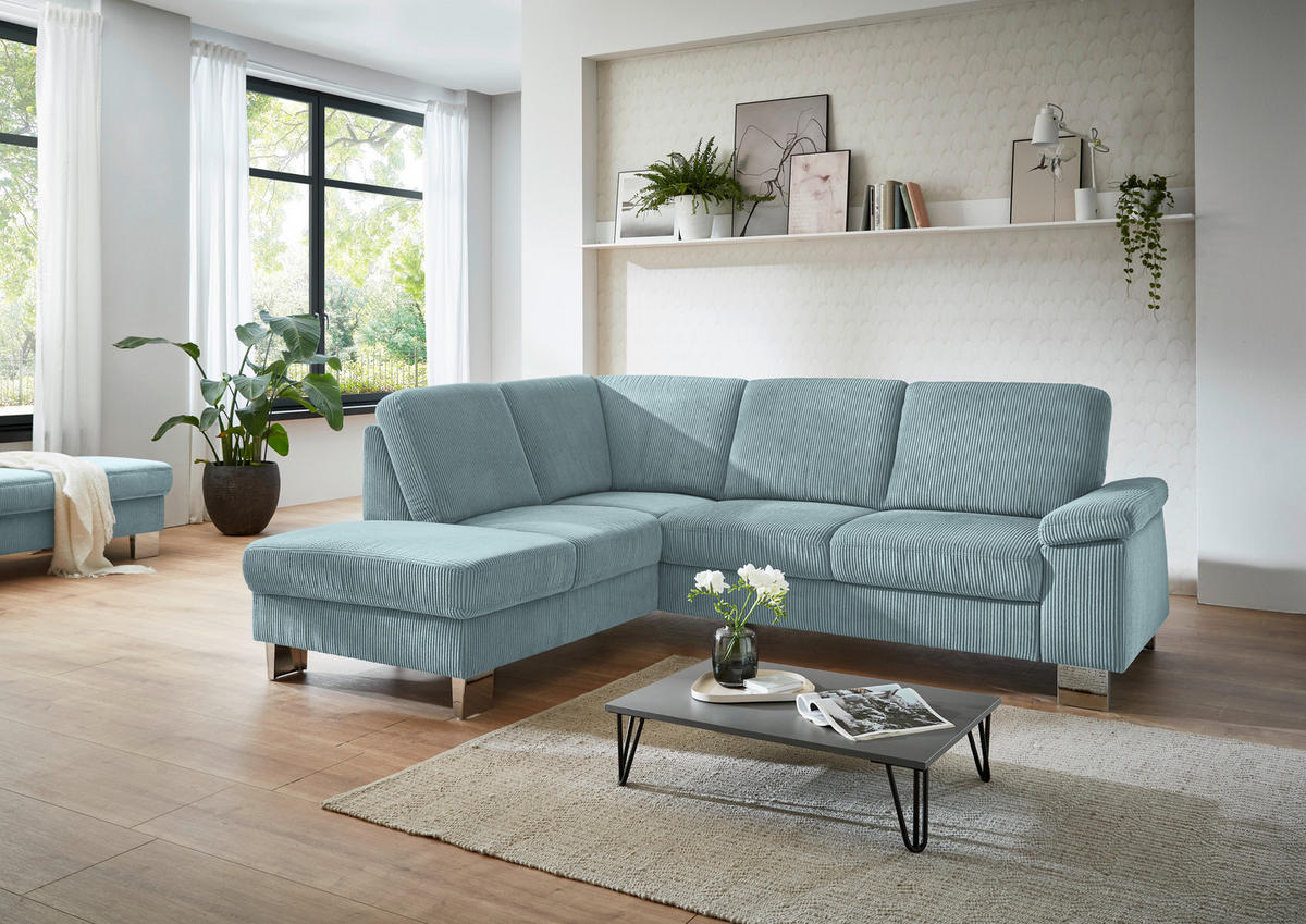 ECKSOFA in Cord Hellblau  - Edelstahlfarben/Hellblau, Konventionell, Textil/Metall (200/248cm) - Beldomo System