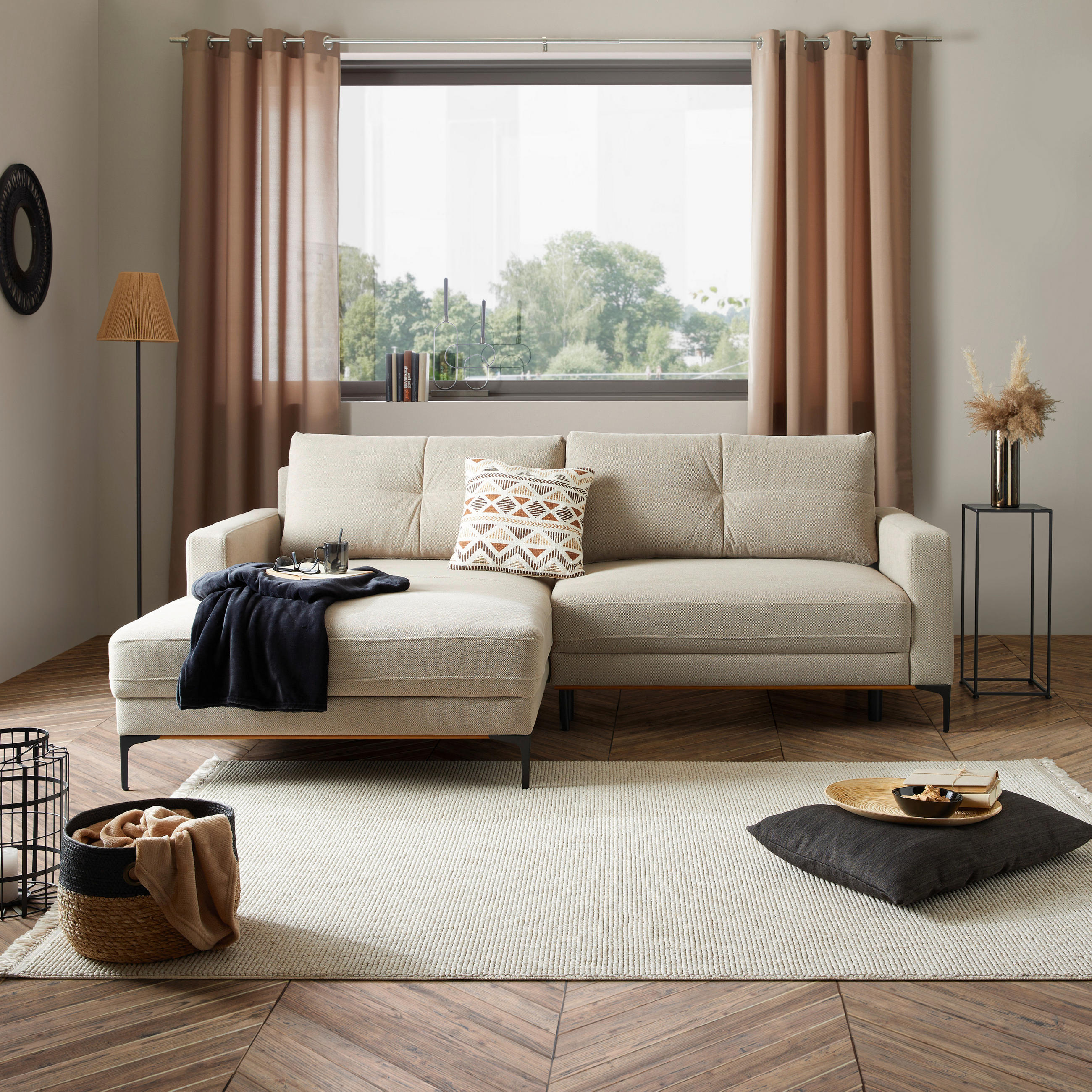 Ecksofa mit Schlaffunktion Beige  - Beige/Schwarz, MODERN, Textil/Metall (162/238cm) - Ondega