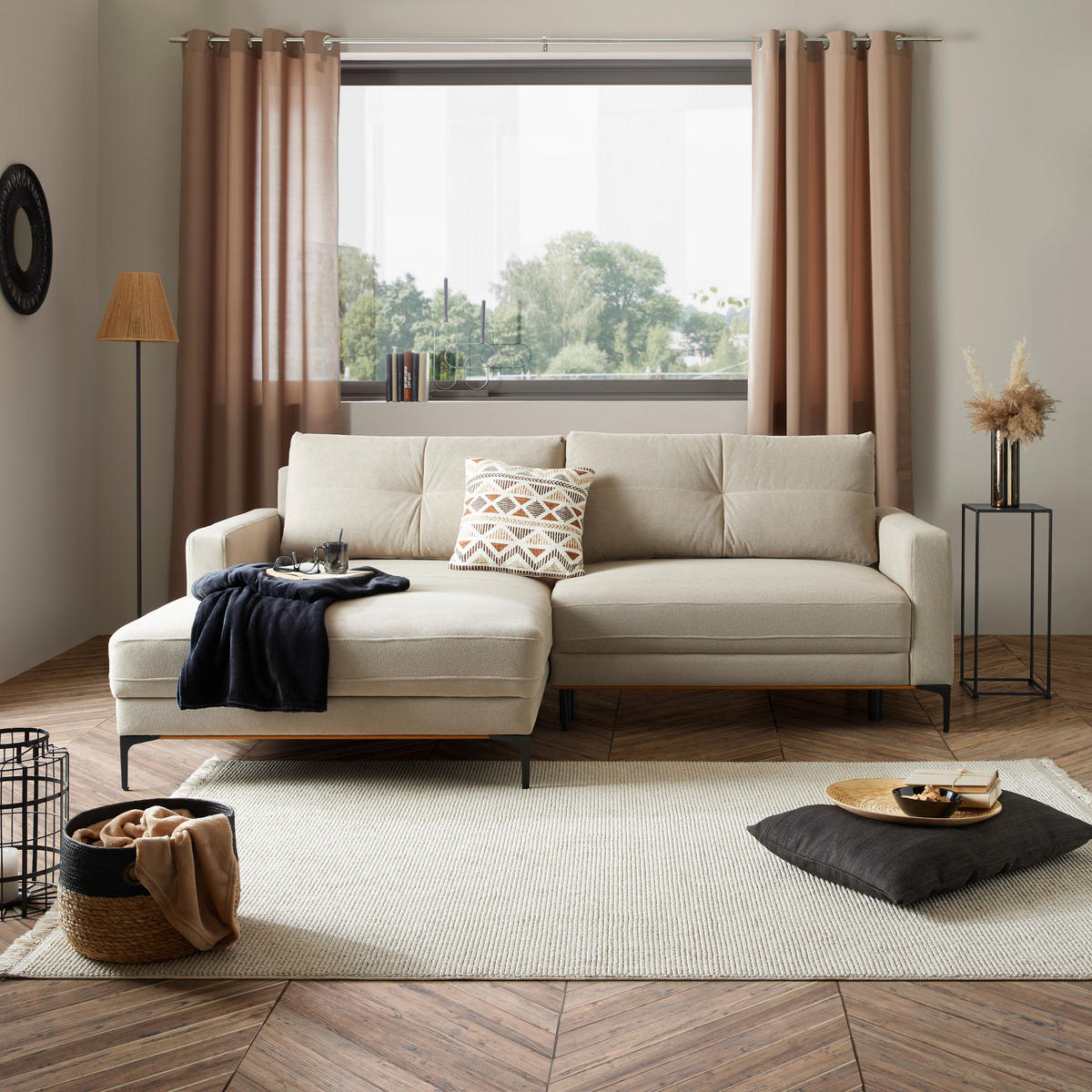 Ecksofa mit Schlaffunktion Beige  - Beige/Schwarz, MODERN, Textil/Metall (162/238cm) - Ondega