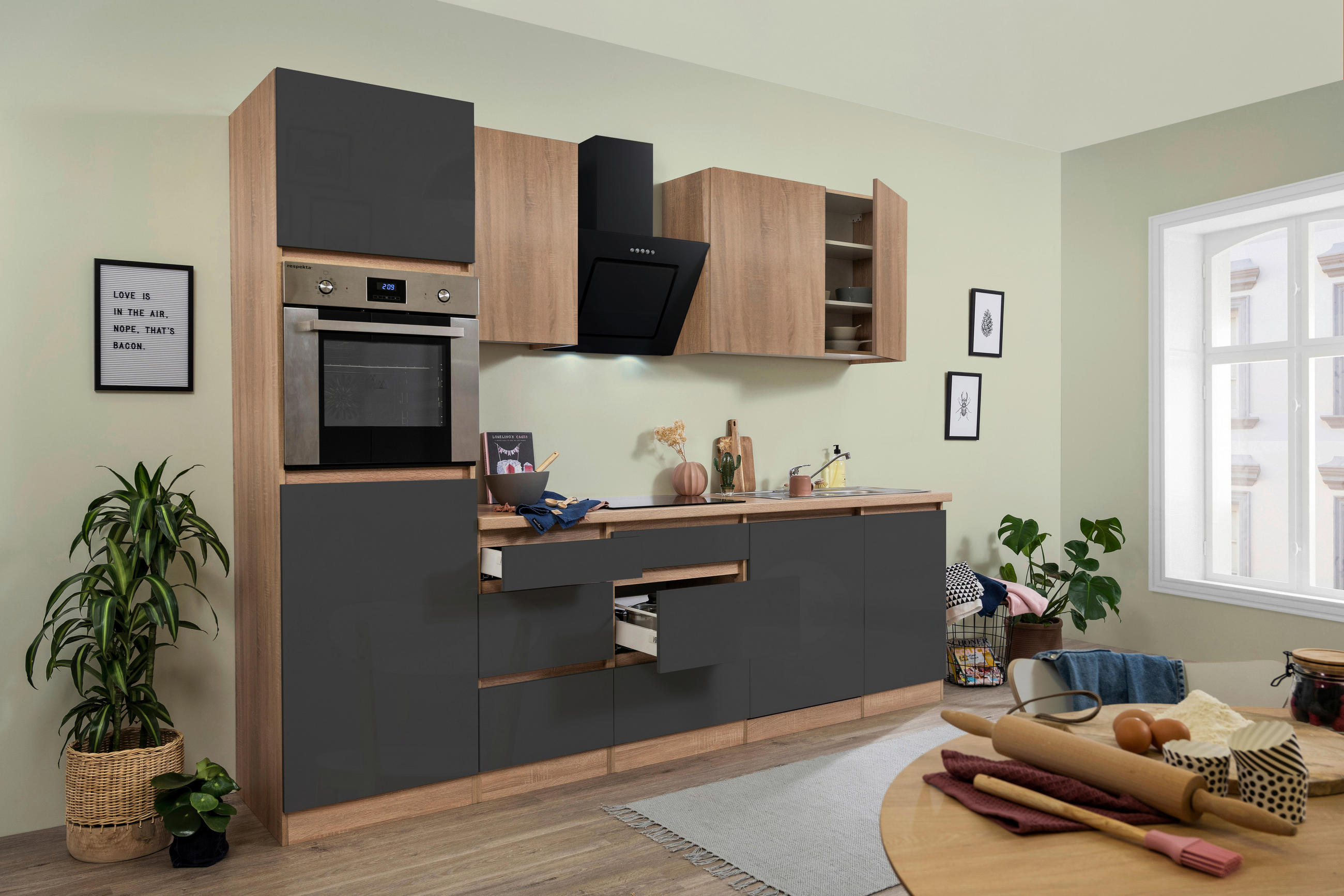 Küchenzeile Premium mit Geräten 280 cm Grau/Eiche Dekor