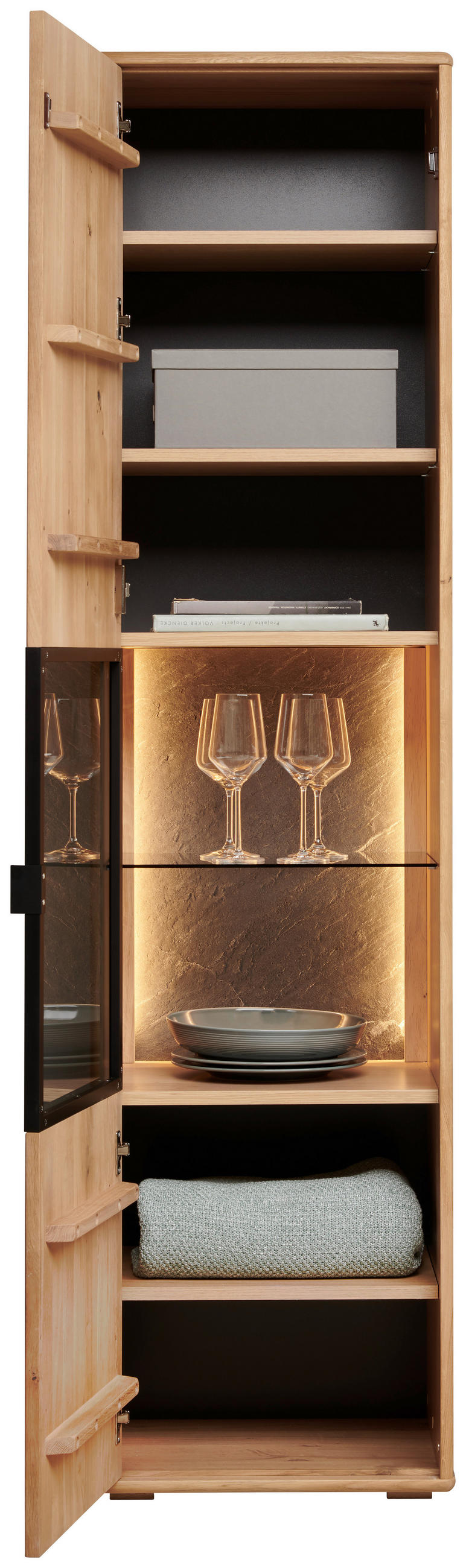 VITRINE Eiche Bianco  50,1/197,6/42 cm  - Eiche Bianco/Schwarz, Natur, Glas/Holz (50,1/197,6/42cm) - Linea Natura
