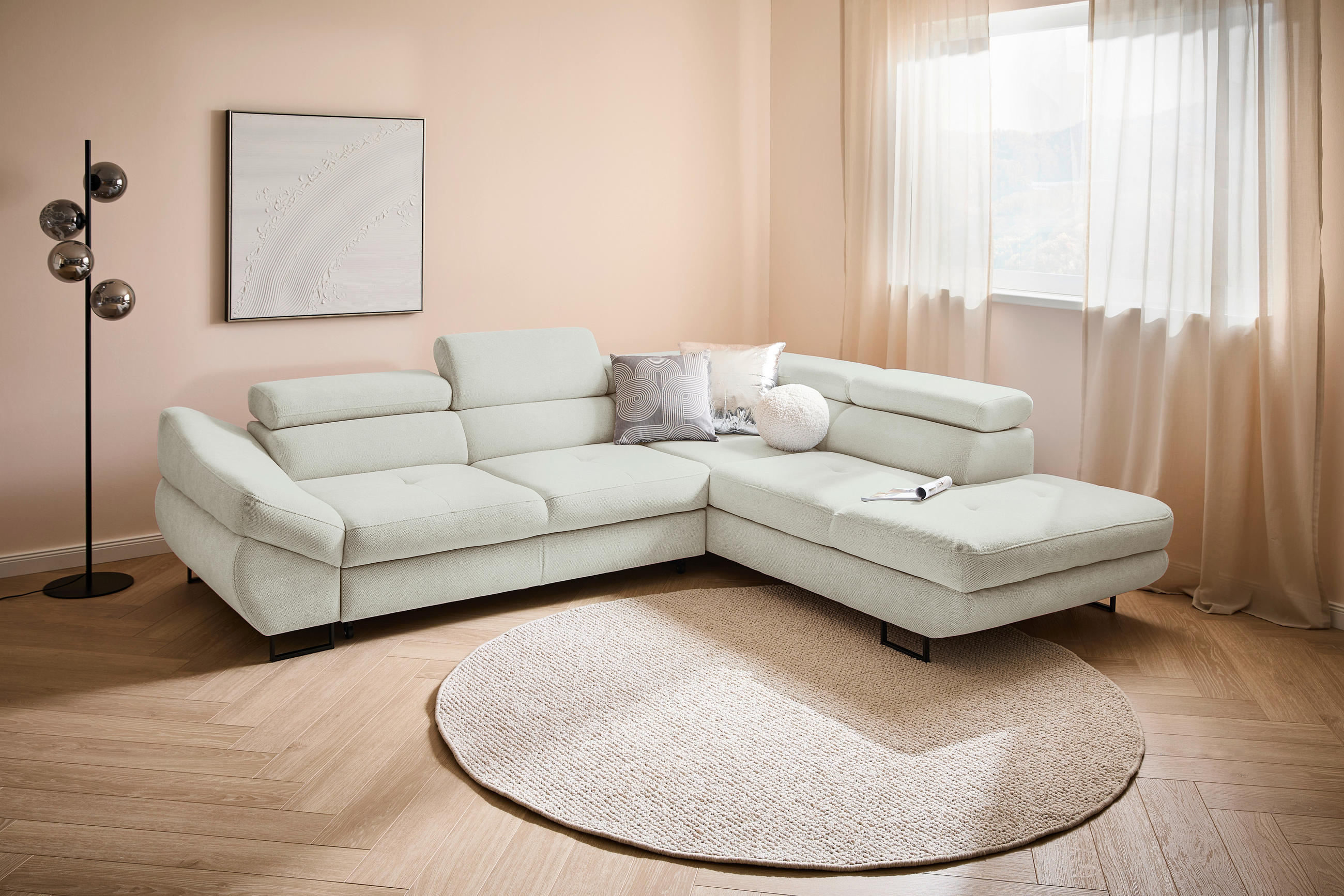 ECKSOFA in Webstoff Creme  - Creme/Schwarz, Design, Textil/Metall (280/235cm) - Hom`in