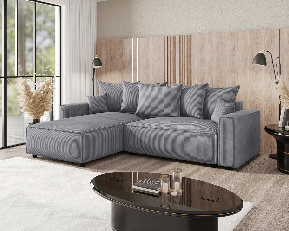 ECKSOFA 190/280 cm MERO in Cord Hellgrau Zierkissen, Rückenkissen, Bettkasten  190/280 cm  - Hellgrau/Schwarz, MODERN, Kunststoff/Textil (190/280cm) - MID.YOU