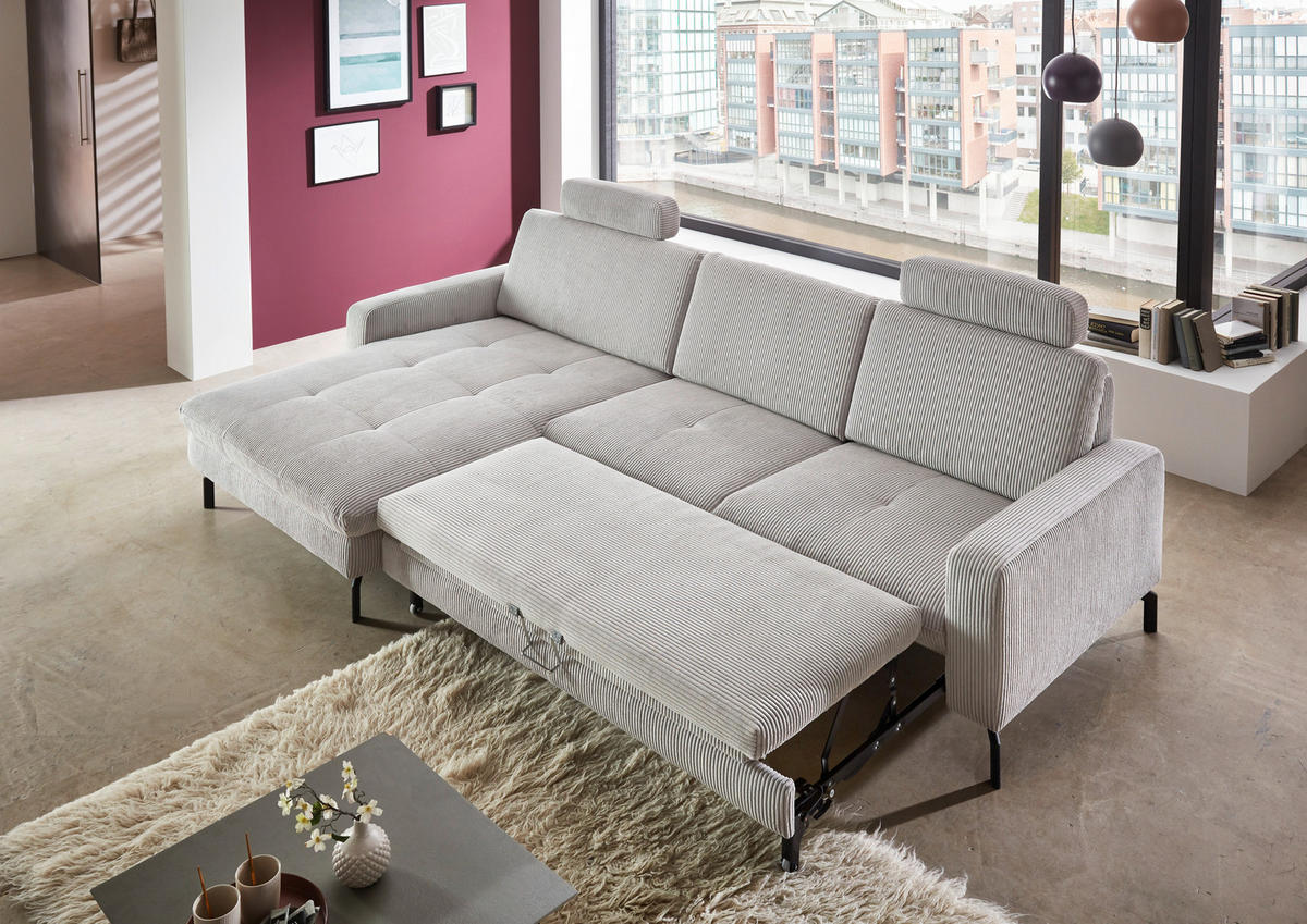 ECKSOFA in Cord Grau  - Schwarz/Grau, Design, Textil/Metall (178/302cm) - Beldomo Style