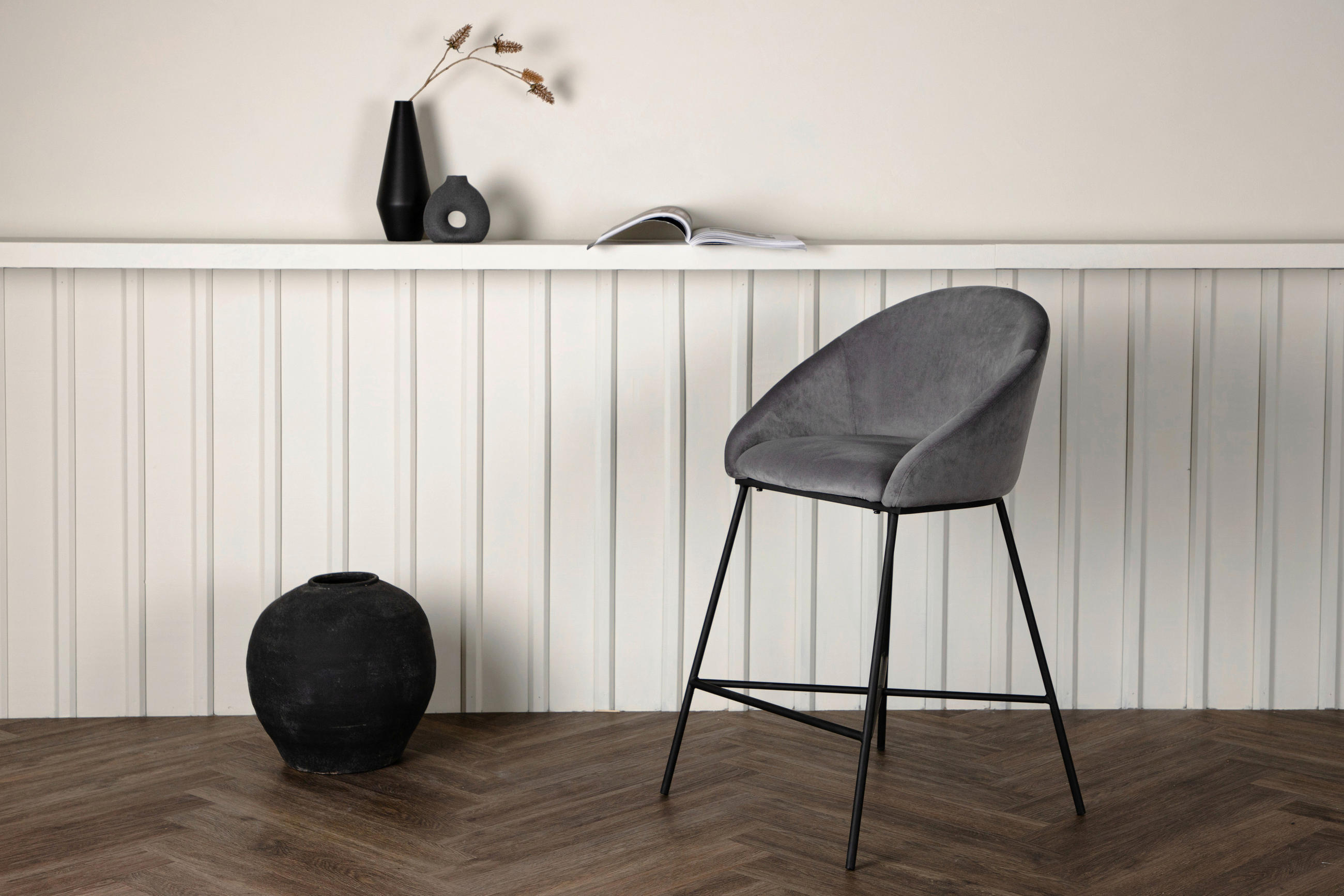 BARHOCKER Samt Dunkelgrau, Schwarz - Dunkelgrau/Schwarz, Design, Textil/Metall (58,5/97/57cm) - Livetastic