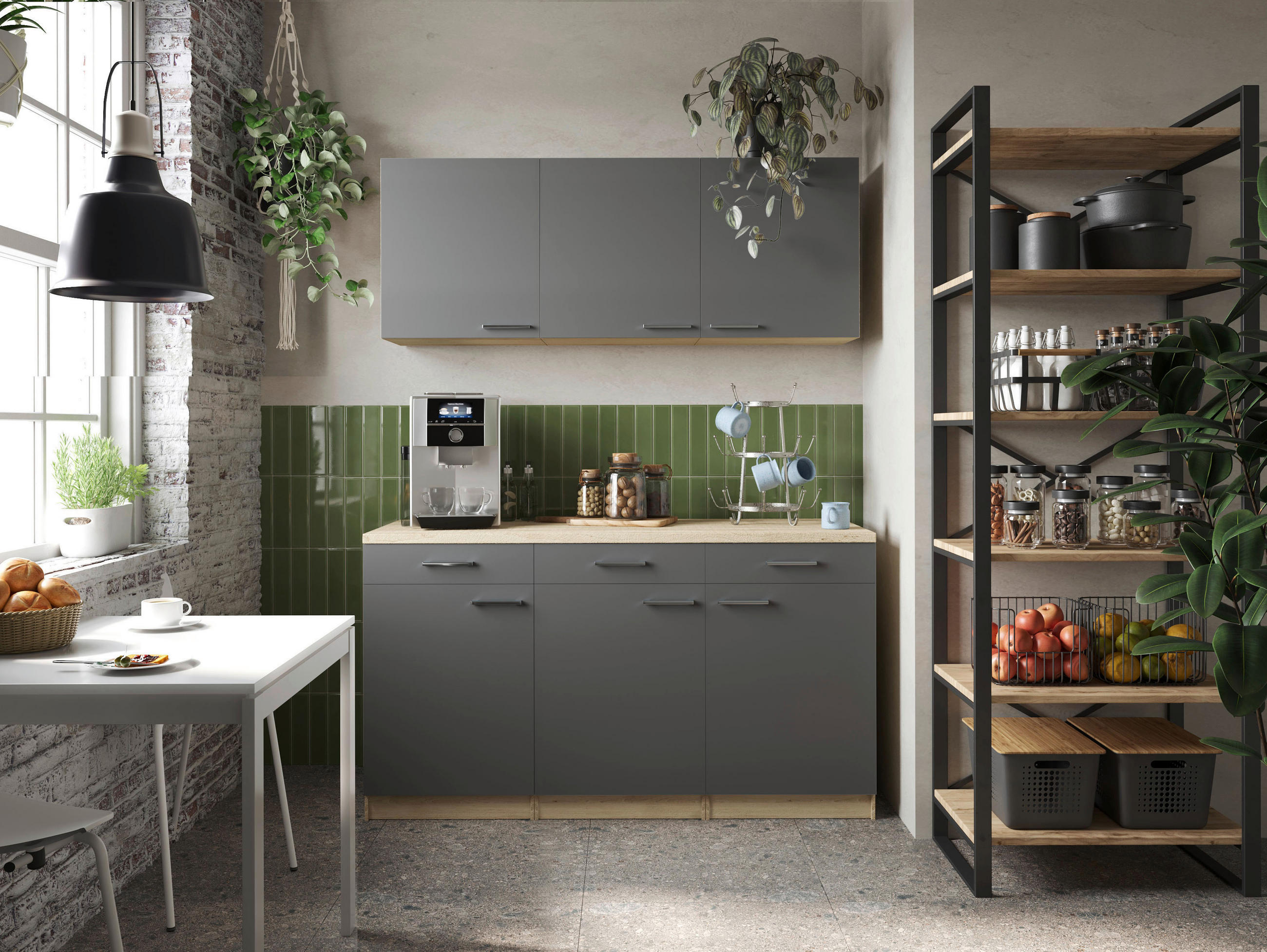 MINIKÜCHE 150 cm   in Grau, Eichefarben  - Eichefarben/Silberfarben, Basics, Holzwerkstoff/Metall (150cm) - Respekta