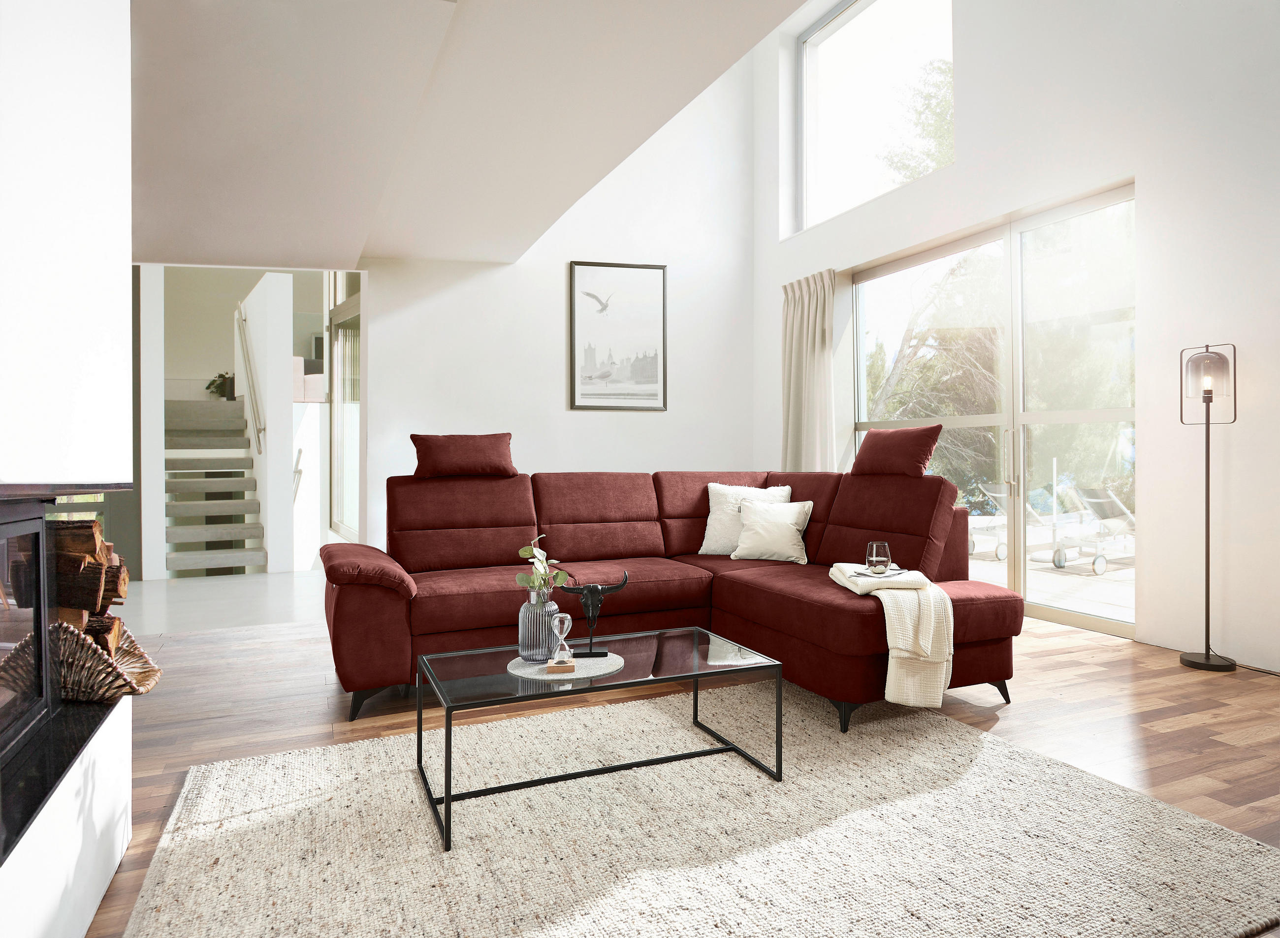 Wohnlandschaft inkl.Funktionen Rotbraun Lederlook - Rotbraun/Schwarz, KONVENTIONELL, Textil/Metall (257/194cm) - Cantus