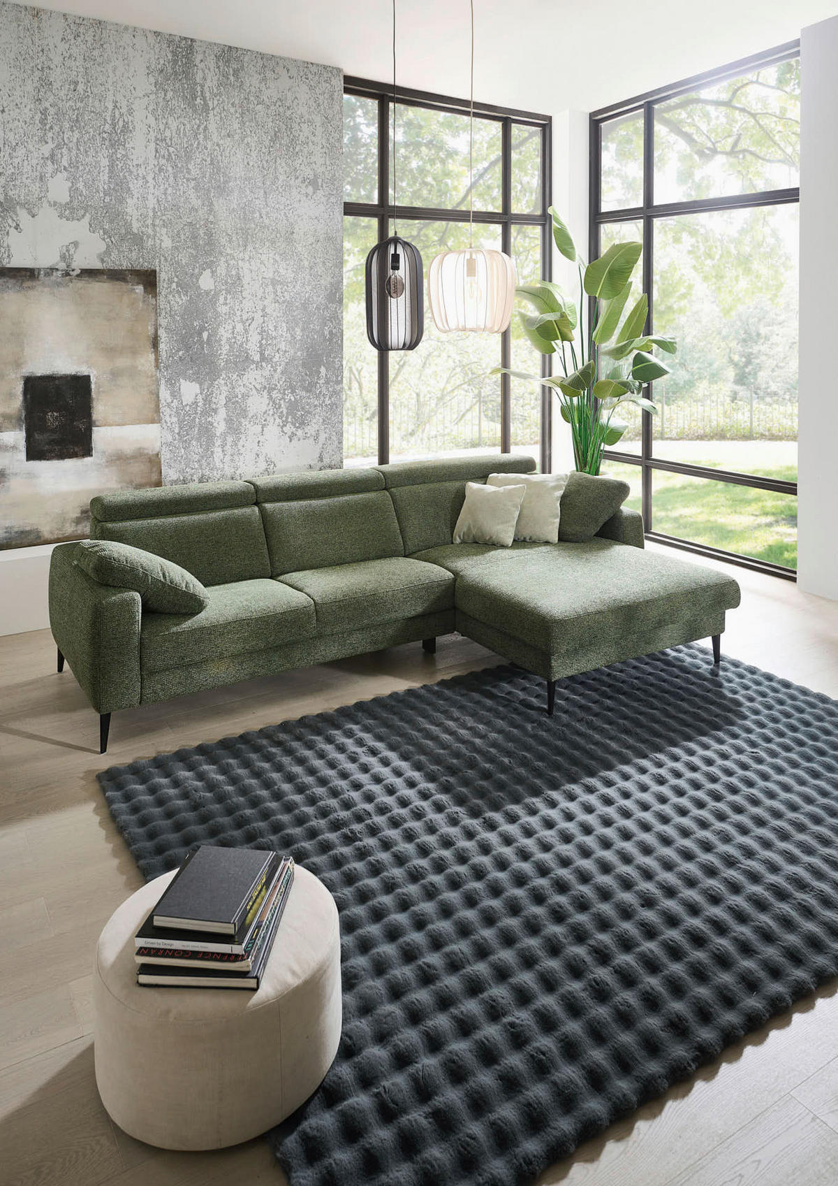 ECKSOFA Grün Chenille  - Schwarz/Grün, KONVENTIONELL, Textil/Metall (300/177cm) - Valdera