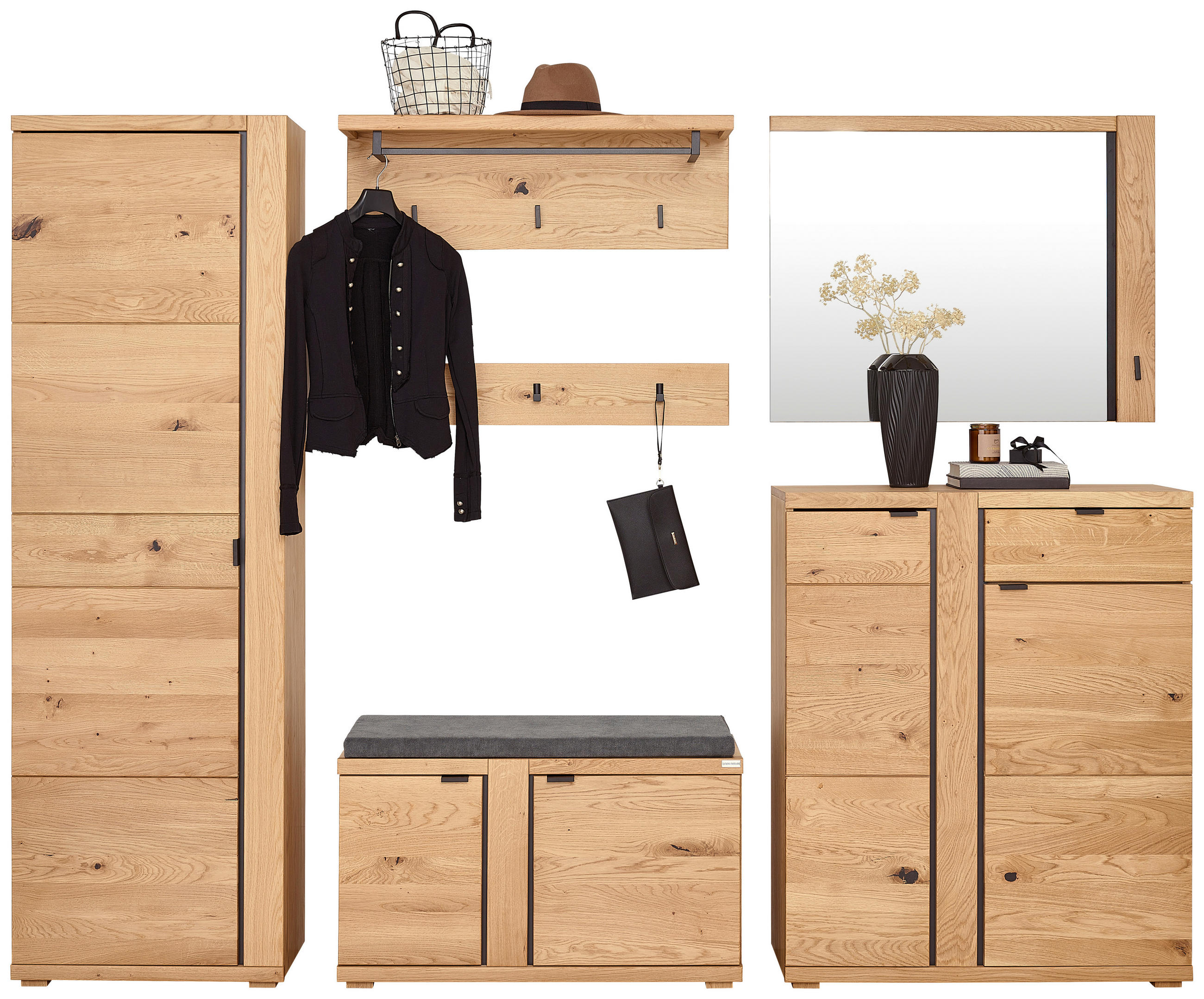 GARDEROBE 6-teilig  in 271/196/38 cm  - Wildeiche, Natur, Glas/Holz (271/196/38cm) - Linea Natura