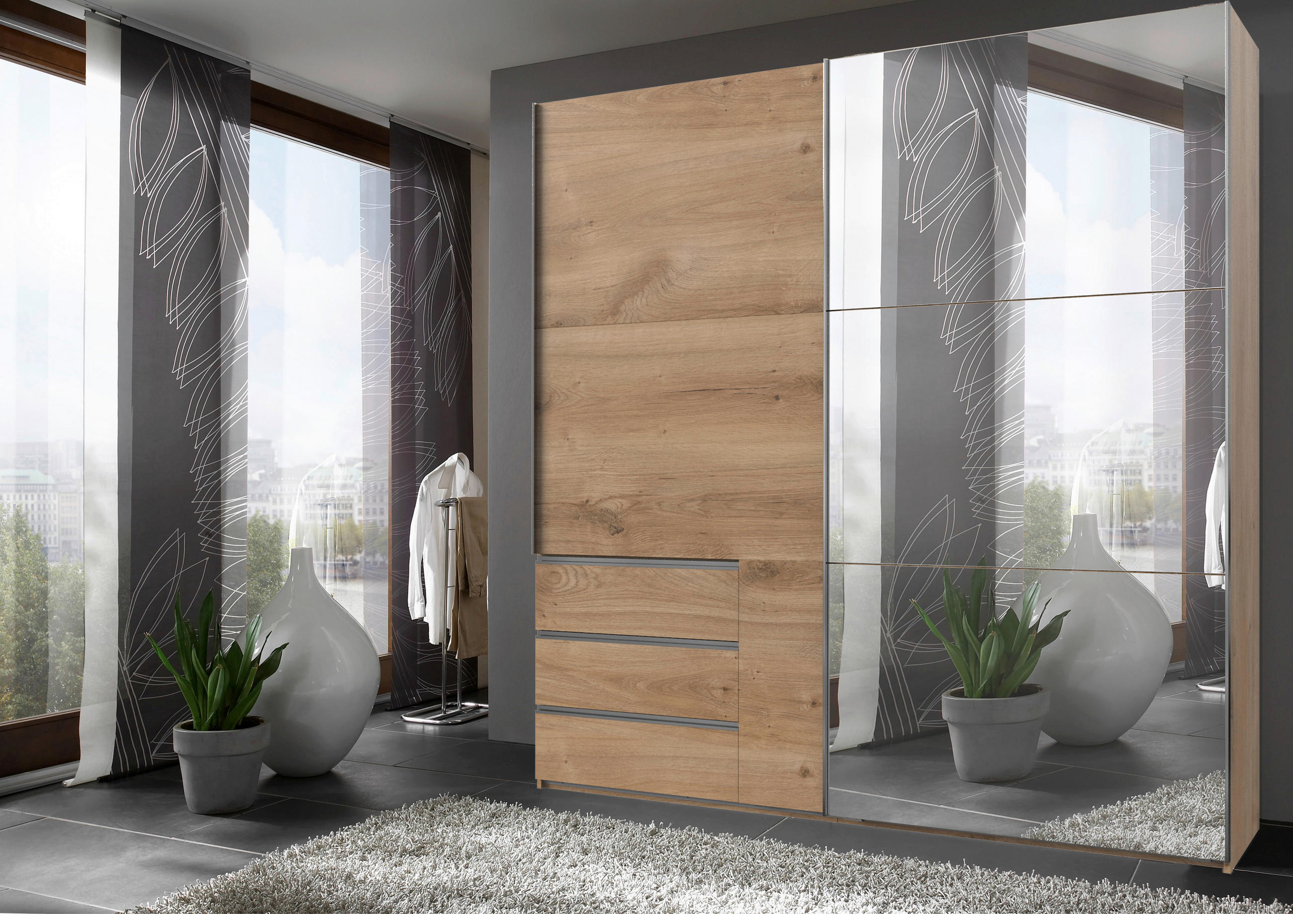 SCHWEBETÜRENSCHRANK 2-türig Eichefarben  - Chromfarben/Eichefarben, MODERN (250/236/65cm) - MID.YOU