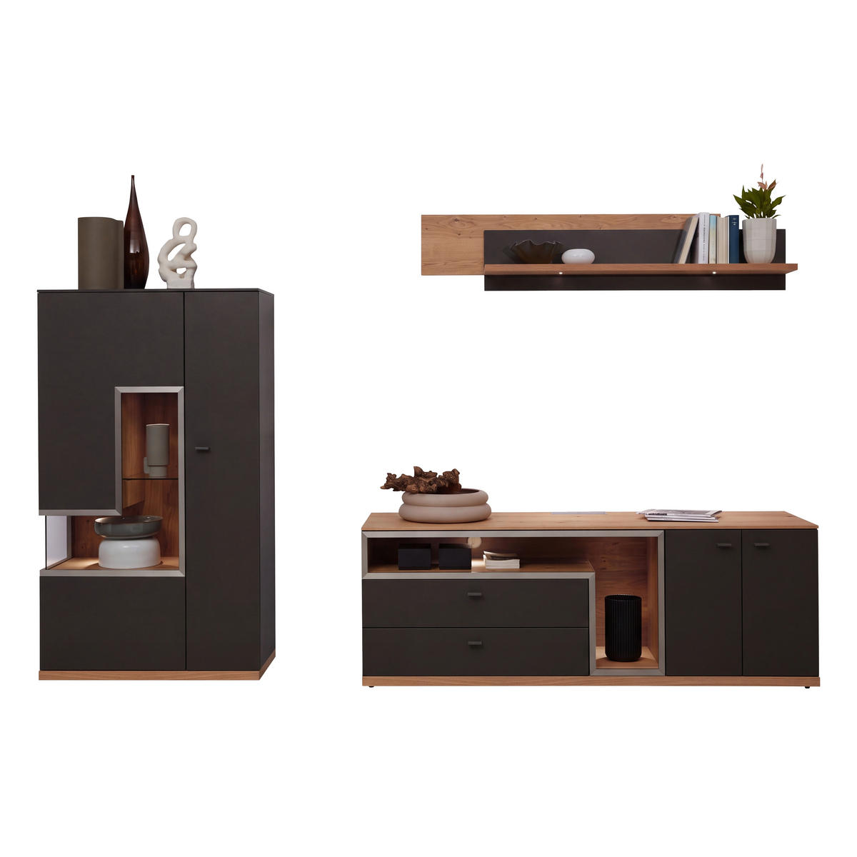 WOHNWAND 3-teilig  in Grau, Eichefarben  290/161/52 cm    - Schieferfarben/Eichefarben, Design, Glas/Holz (290/161/52cm) - Dieter Knoll