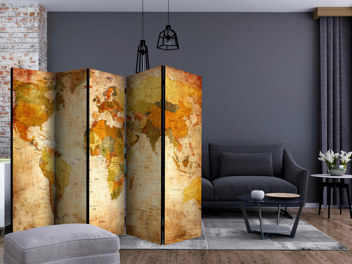 PARAVENT mit 5  Flügel - Cognac/Beige, Basics, Holz/Textil (225/172/3cm) - artgeist
