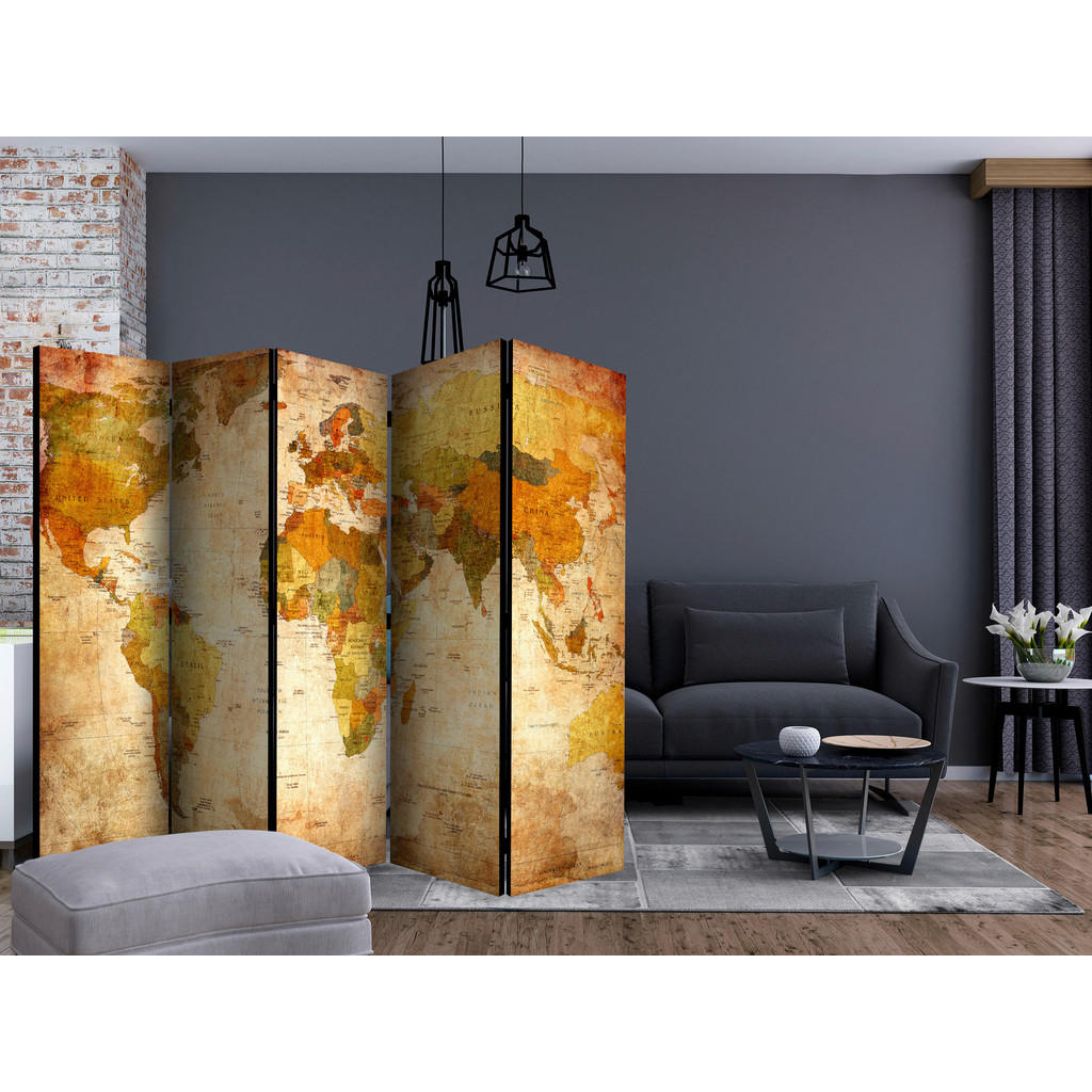 Thumbnail - artgeist Paravent, Beige, Cognac, Holz, Textil, Kiefer, massiv, Weltkarte, 225x172x3 cm, Motiv auf Vorderseite, Wohnzimm...