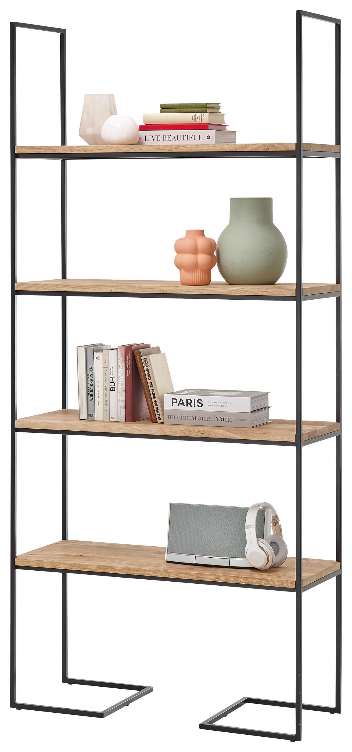 Thumbnail - SetOne by Musterring Regal, Schwarz, Eiche, Holz, Metall, Eiche, massiv, 4 Fächer, 90x200x35 cm, Wohnzimmer, Regale, Büc...