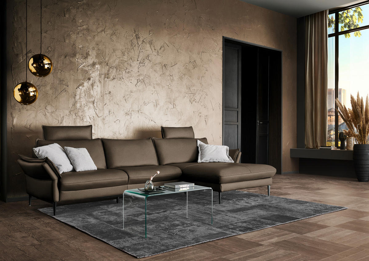 ECKSOFA in Echtleder Dunkelbraun  - Dunkelbraun/Schwarz, Design, Leder/Metall (334/172cm) - Hukla