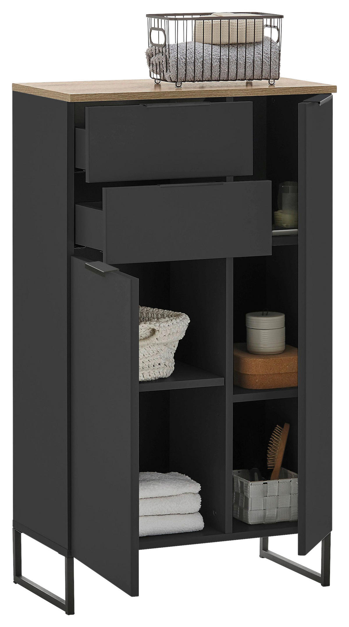 MIDISCHRANK 60/106/32 cm  - Eichefarben/Schwarz, KONVENTIONELL, Holzwerkstoff/Metall (60/106/32cm) - home24