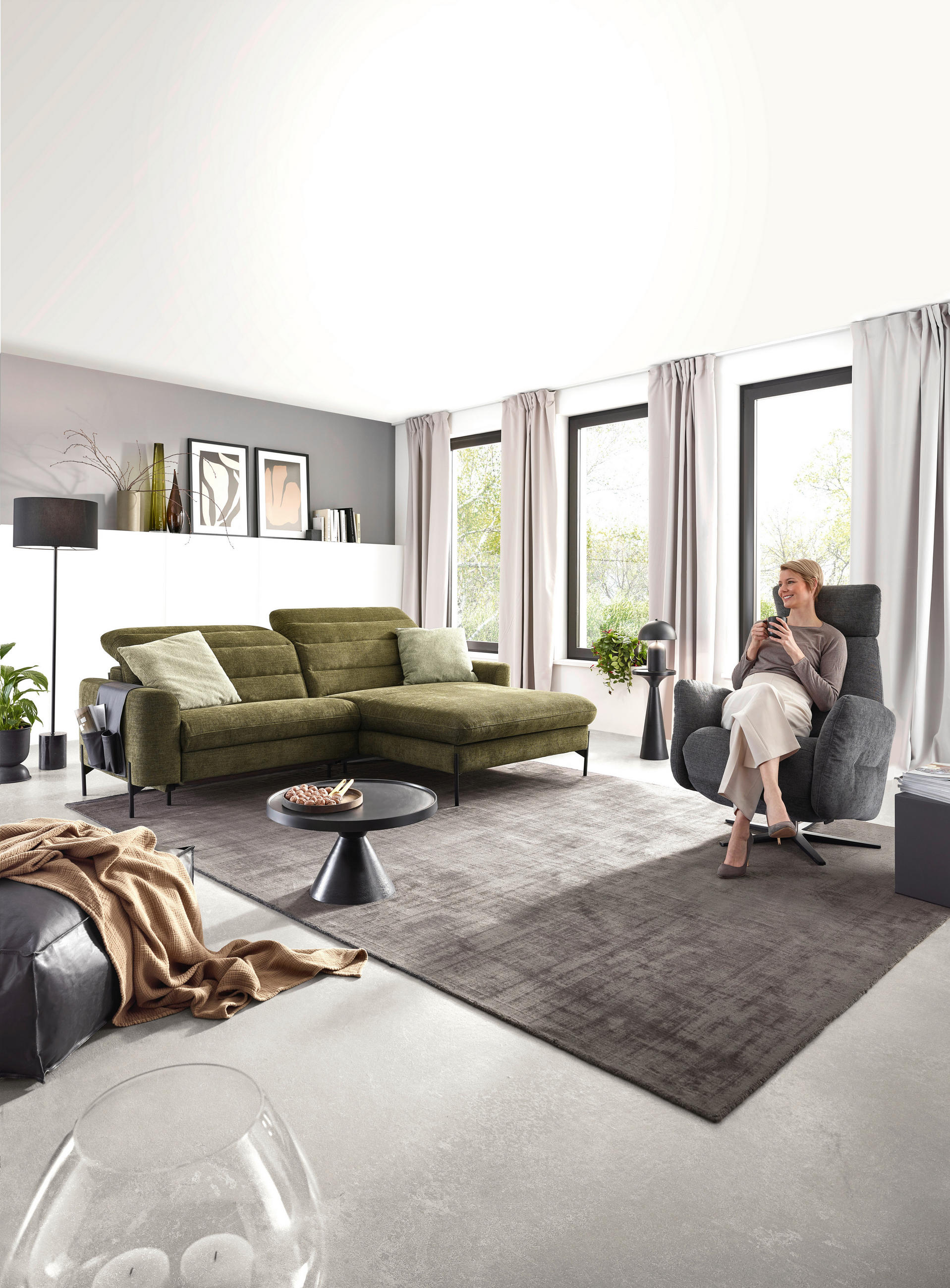 Thumbnail - Dieter Knoll Ecksofa Atlanta 2.0, Olivgrün, Textil, 3-Sitzer, Ottomane rechts, L-Form, 252x191 cm, Typenauswahl, Fußausw...